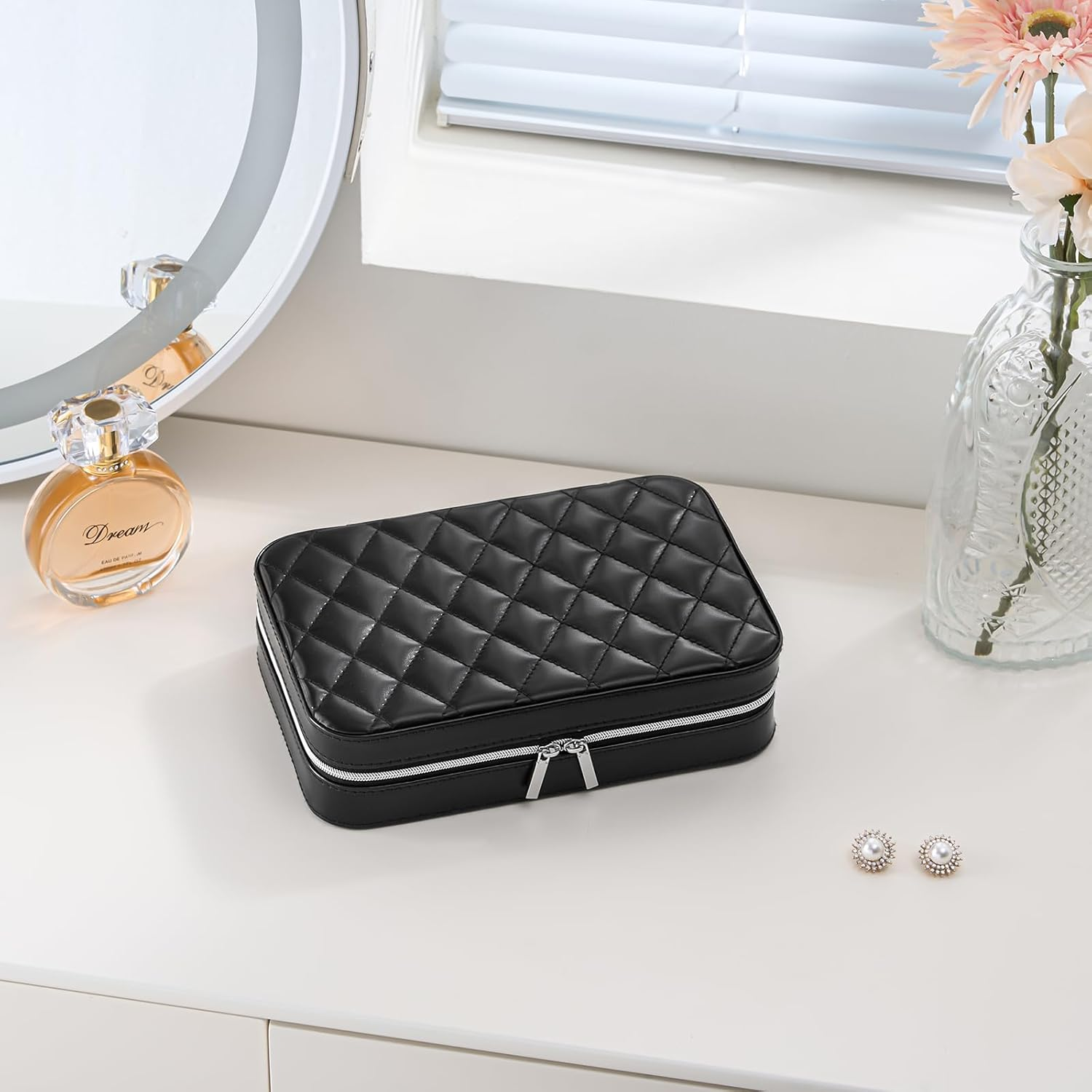 Lolalet Travel Jewelry Case for Women, Travel Jewelry Organizer Box with Mirror & Clear Storage Bag, Small Portable Traveling Ring Case for Earrings Necklace Bracelet Rings -Medium, Black image number 1