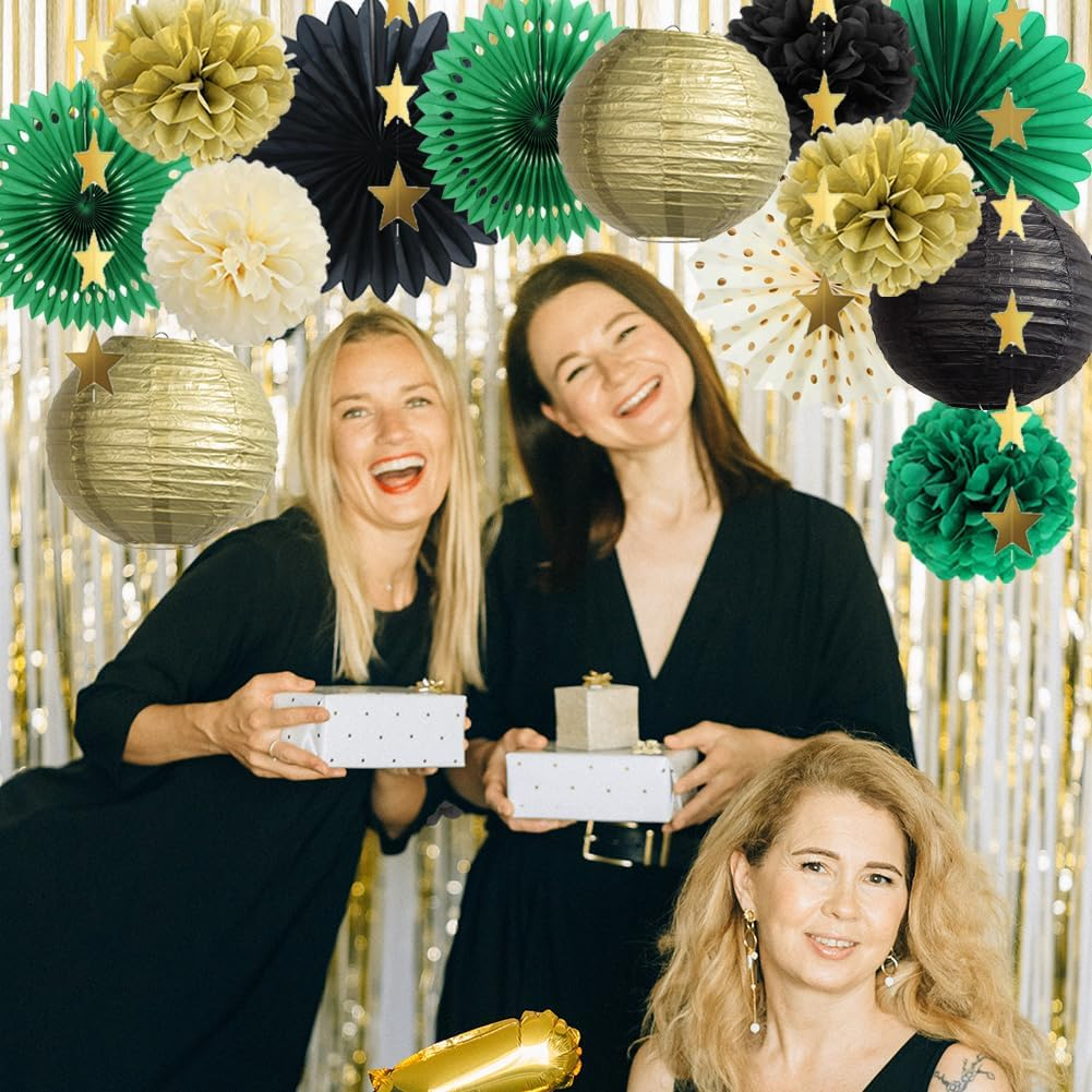 Green Black and Gold Party Decorations Paper Lanterns Black and Gold Tissue Paper Pom Poms Dark Green Black Gold Party Decorations for Fall Birthday Party Birthday Wedding Engagement image number 2