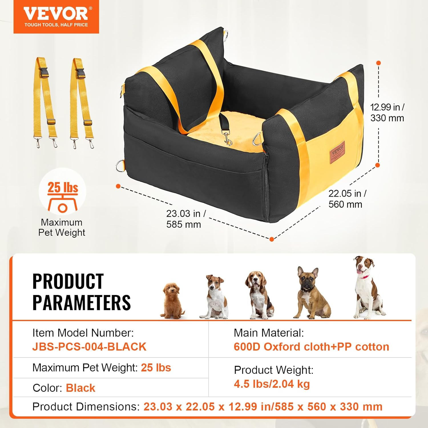 VEVOR Dog Car Seat, Waterproof Dog Booster Seat for Car with Side Handles and a Storage Pocket, Clip-On Safety Leash and PP Cotton Filling, Vehicle Bed for Small Dogs up to 25Lbs, Black - Grey image number 4