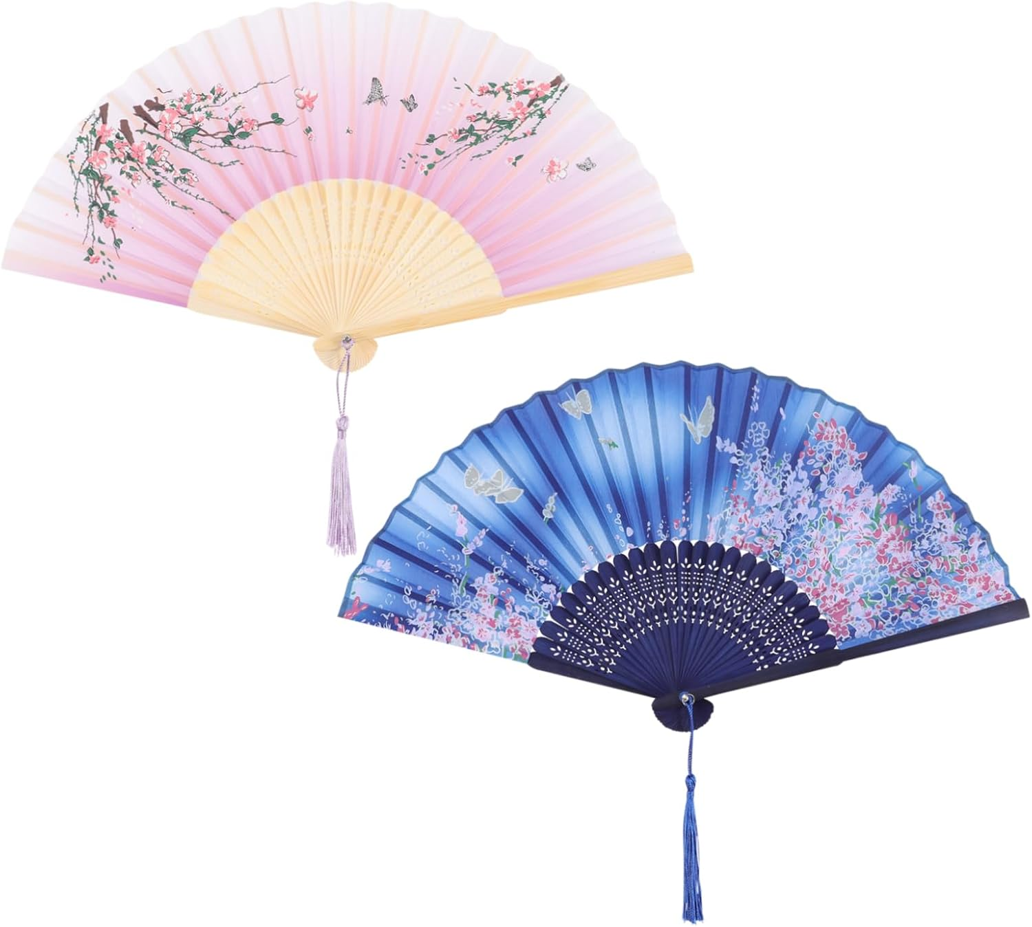 CIMAXIC 2Pcs Bamboo Silk Hand Held Fans Portable Folding Fan for Women Men Decor Stage Performance image number 4