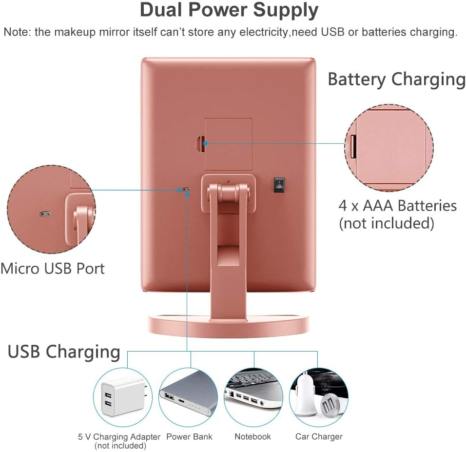 WEILY Lighted Makeup Mirror, Tri-Fold Vanity Mirror with 1X/2X/3X Magnification Mirrors, 21 Natural LED Nights and Touch Screen, Chargeable Travel Cosmetic Mirror for Desktop (Rose Gold)