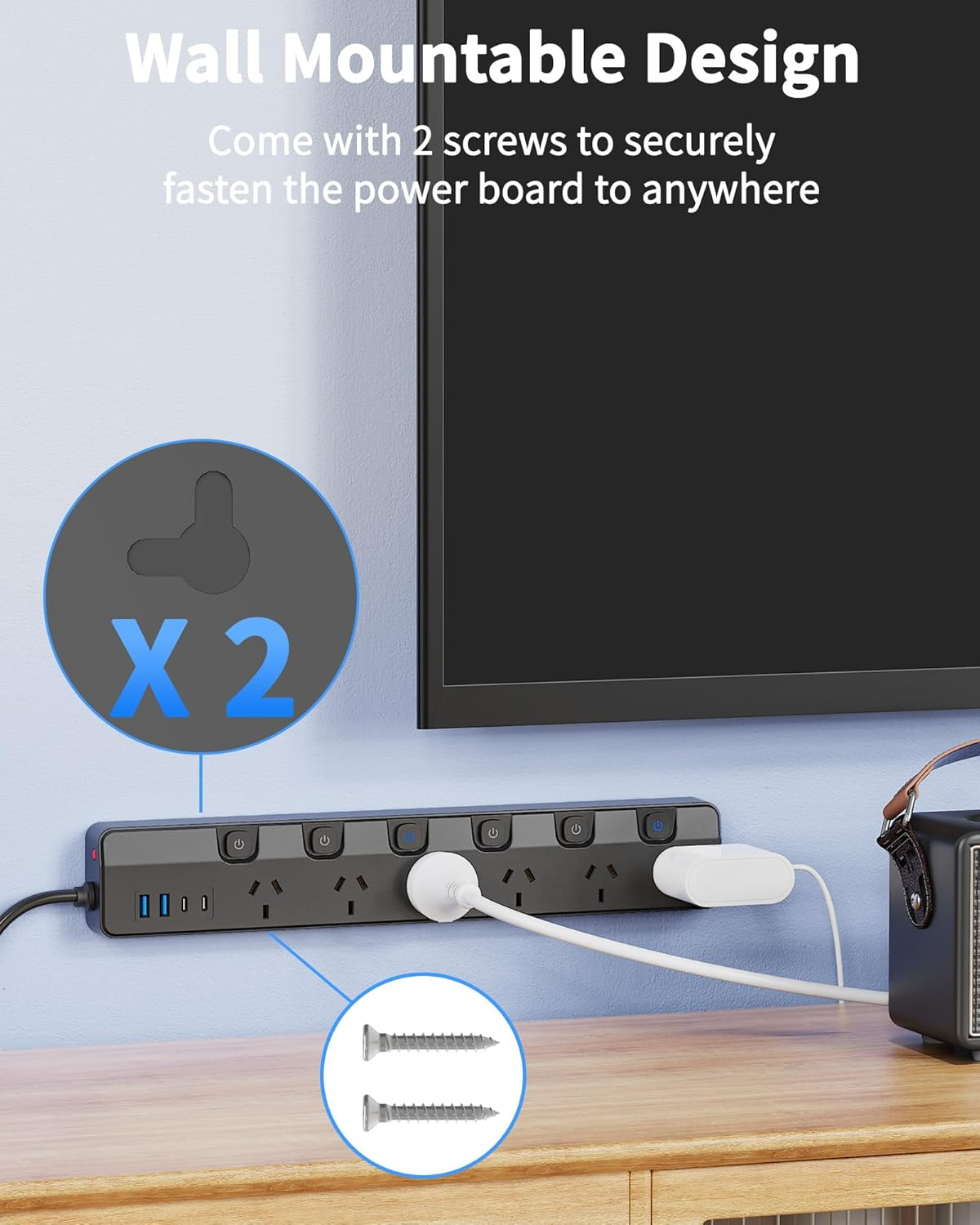 Power Board Individual Switch, Powerboard with 6 AC Outlets 4 USB Ports (2 USB C), 900J Power Board Surge Protected, SAA Certified, 2M Extension Cord for Home and Office, Black image number 4