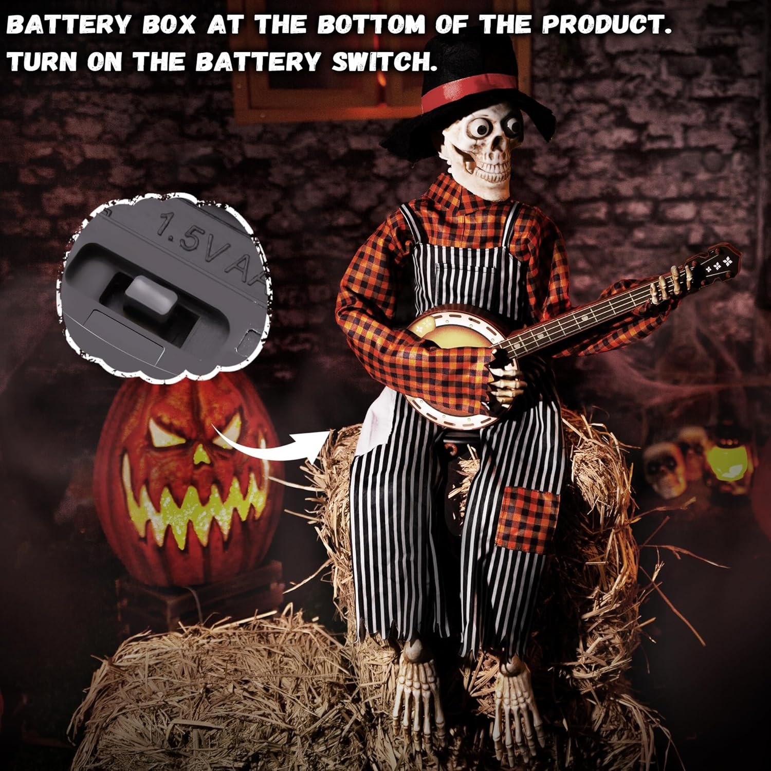 Halloween Animatronics Banjo Skeletons - Animated Skeleton Decorations with Sound Activated, Funny Voice Light up Eyes Playing Motion Musical Prop Decor for Indoor/Outdoor, Guitar Skull,(Gs01) image number 4