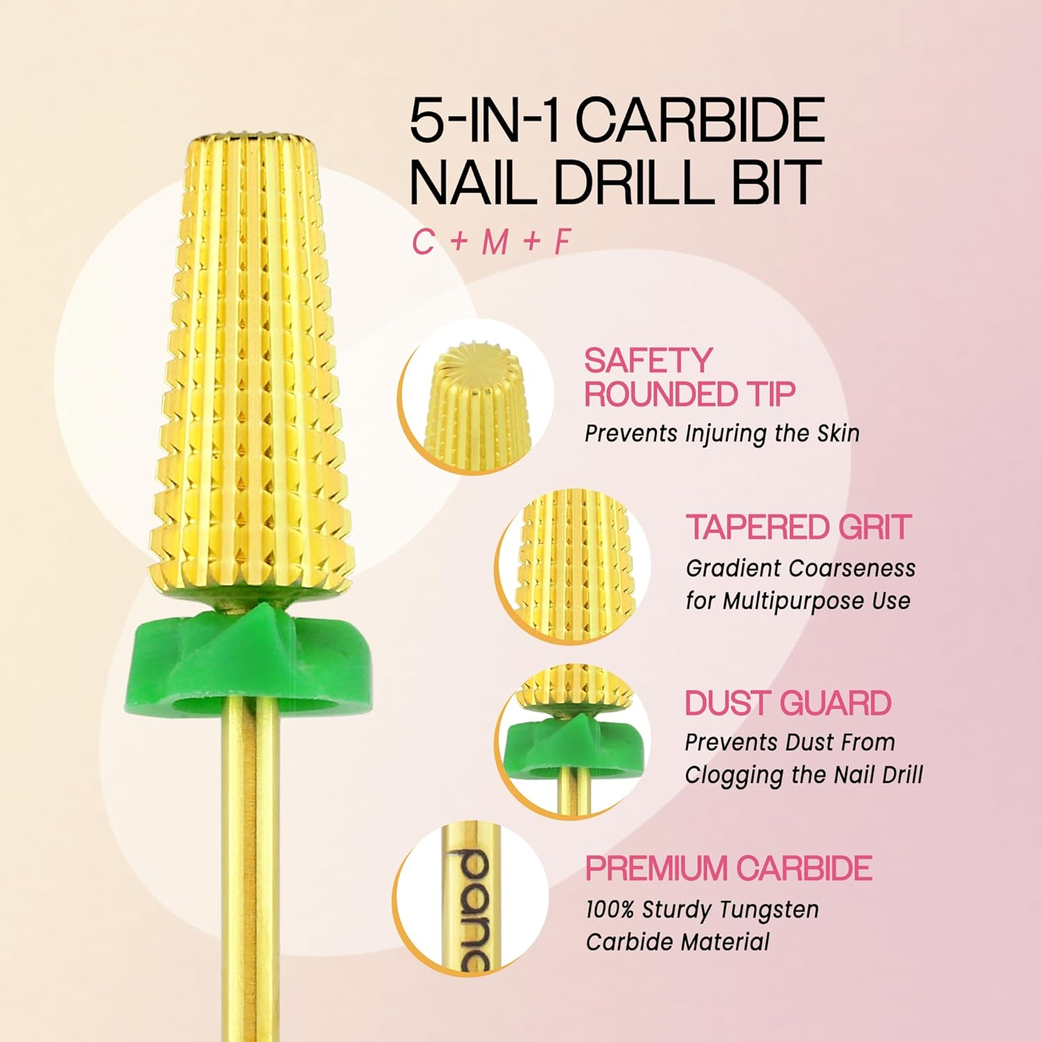 PANA Nail Carbide 5 in 1 Bit - Two Way Rotate Use for Both Left and Right Handed - Fast Remove Acrylic or Hard Gel - 3/32" Shank - Manicure, Nail Art, Drill Machine (Coarse - C, Gold) image number 1