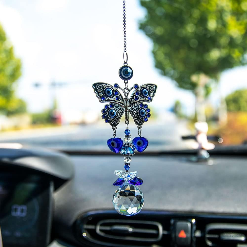 MENGSOOD Evil Eye Car Hanging Ornament for Rear View Mirror - Good Luck Charm Window Sun Catcher Amulet for Protection & Blessing (1Pcs round Blue)