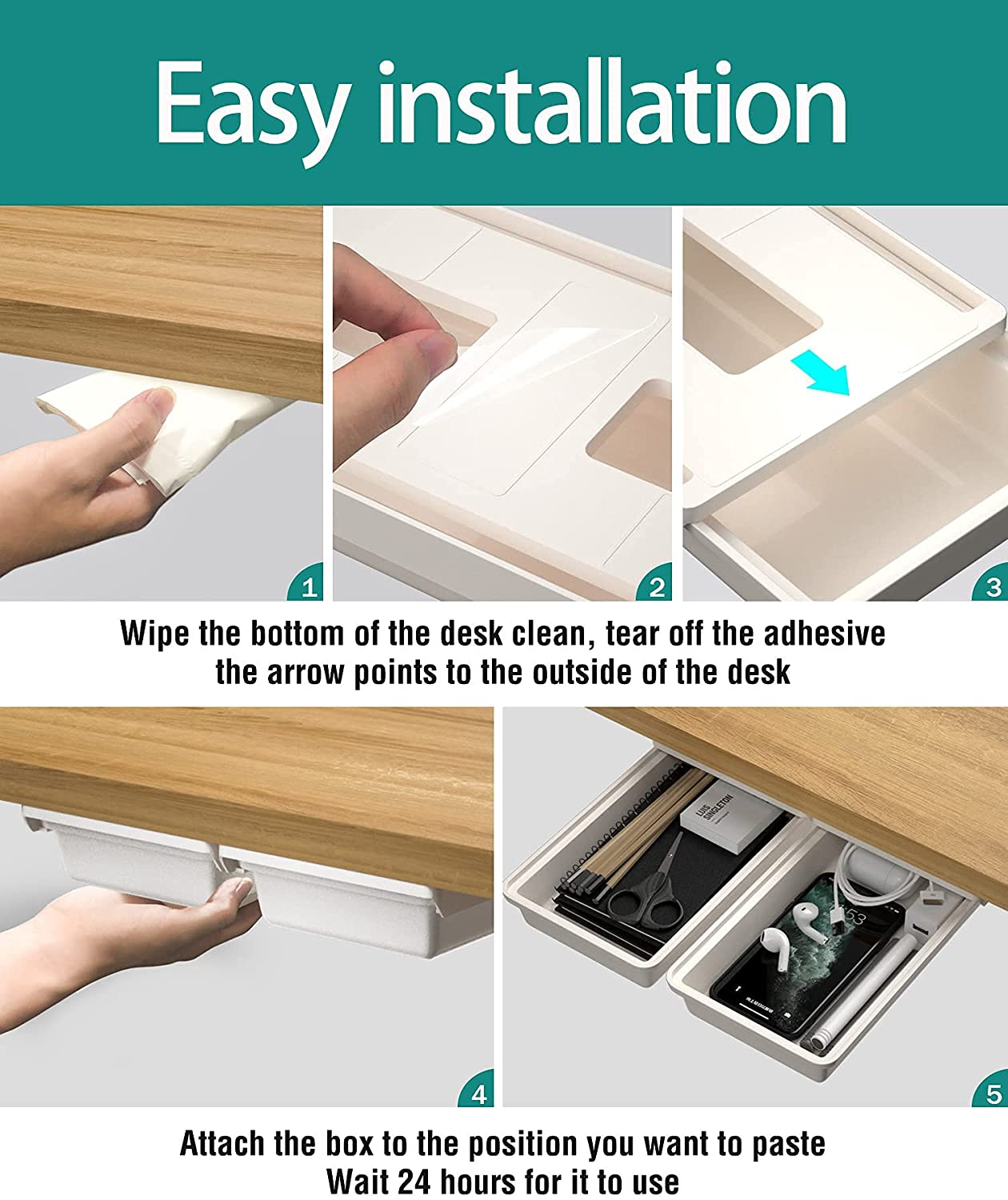 Hidden under Table Desk Drawer Storage Organizer 2 Pack,Self-Adhesive under Office Desktop Pencil Tray Drawer,Under Table Storage Tray Drawer for Kitchen image number 4