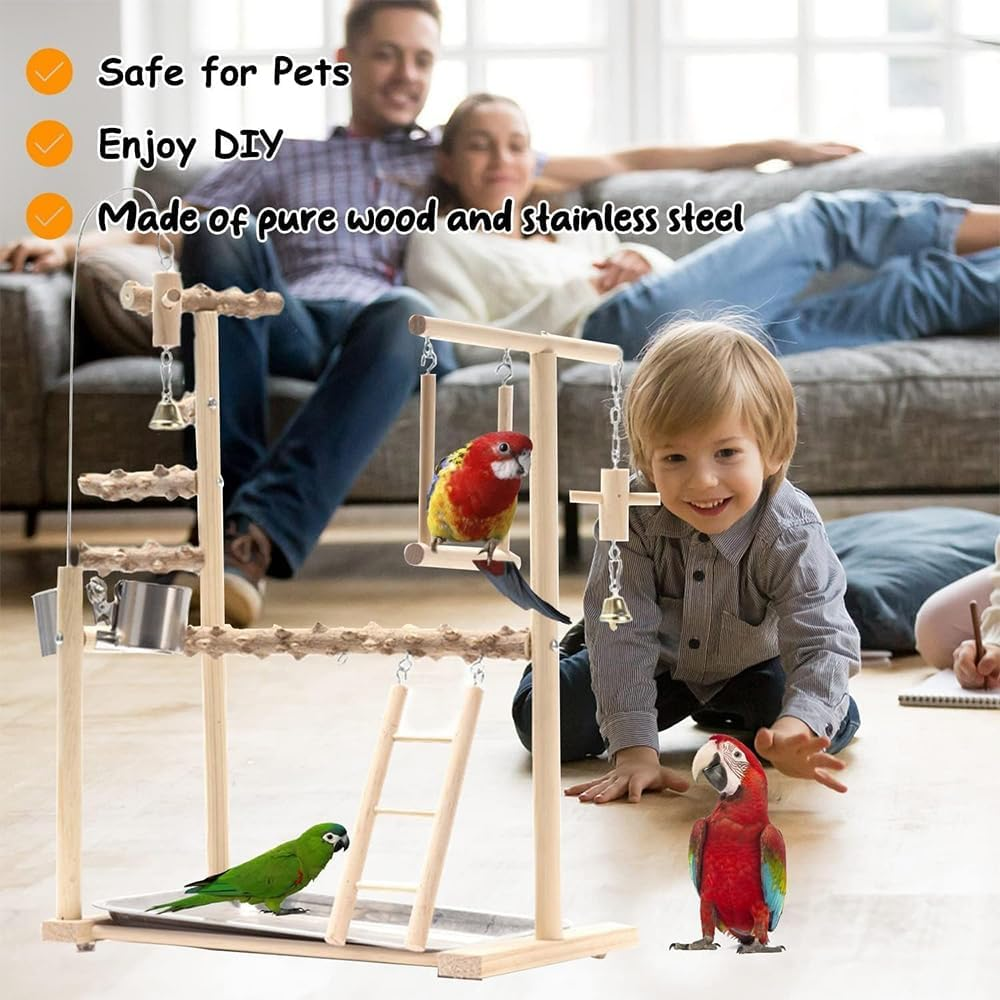 Bird Playground, Parrot Playstand with Wooden Perch, Ladder Feeder Cups and Hanging Bells Level Stand Ladder Cage Swings, Bird Toys Swing Exercise Life Activity Center Training Stand image number 4