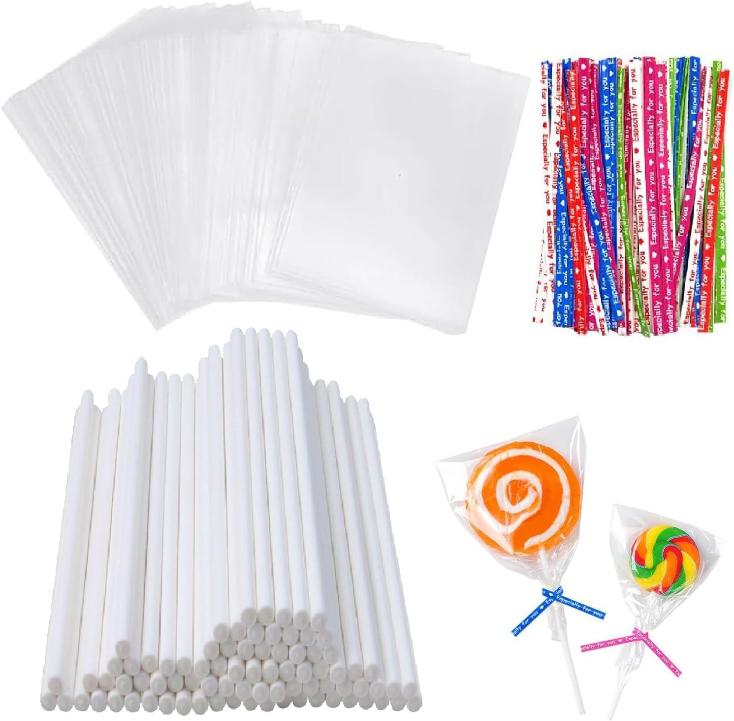 Wzenclave 300 Pcs Cake Pop Sticks and Wrappers Kit, 6-Inch Paper Lollipop Sticks, Clear Candy Treat Bags Parcel, Color Twist Ties for Cakepop, Lollipop, Hard Candy, Suckers and Chocolate(8 * 12Cm) image number 2
