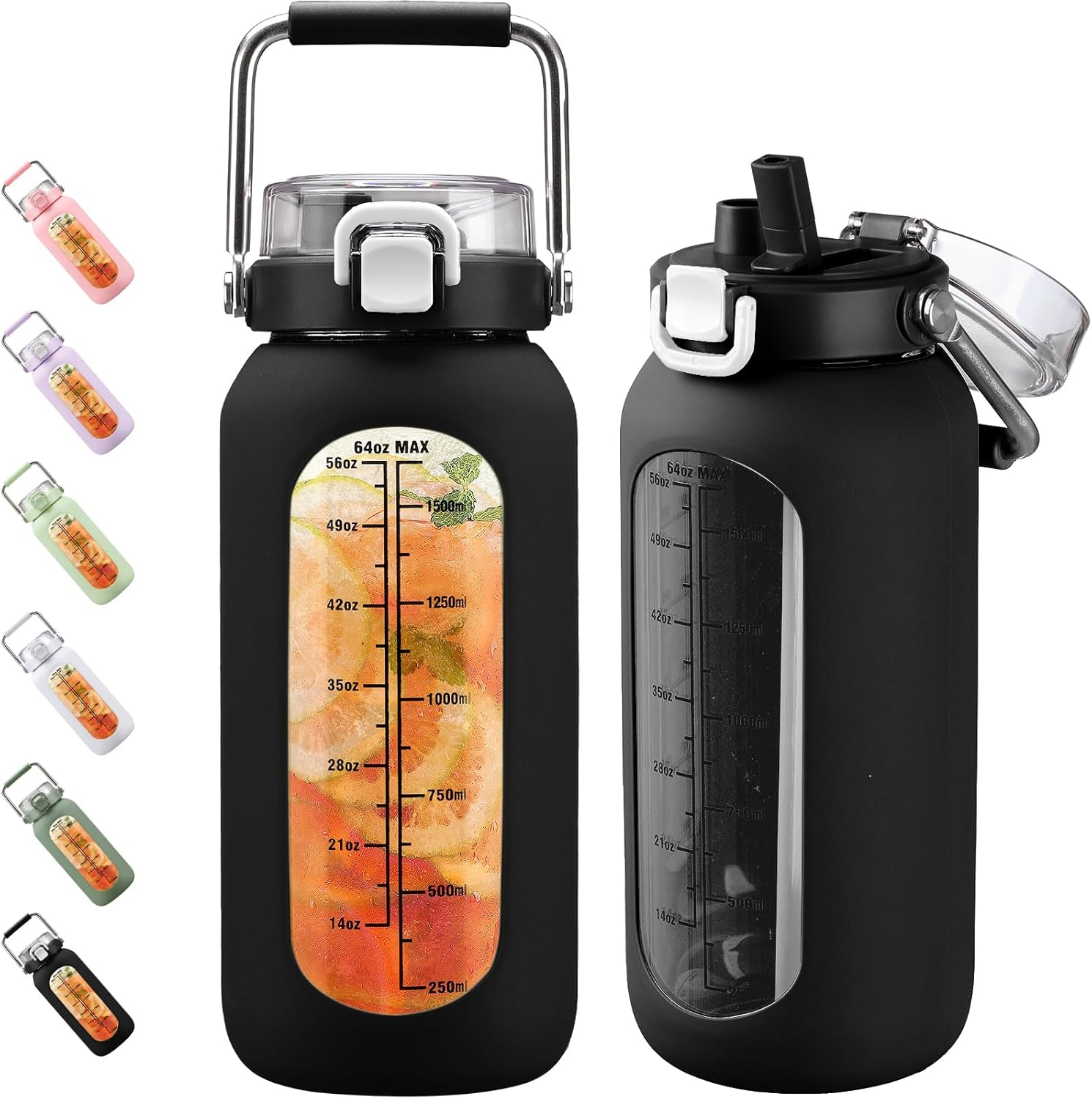 BLUEGO 2000 Ml Glass Water Bottle with Stainless Steel Handle and Time Marking, 2 L Drinking Bottle, Borosilicate Glass with Silicone Cover and Straw for Gym, Office, Outdoor, Sports, Water Bottles