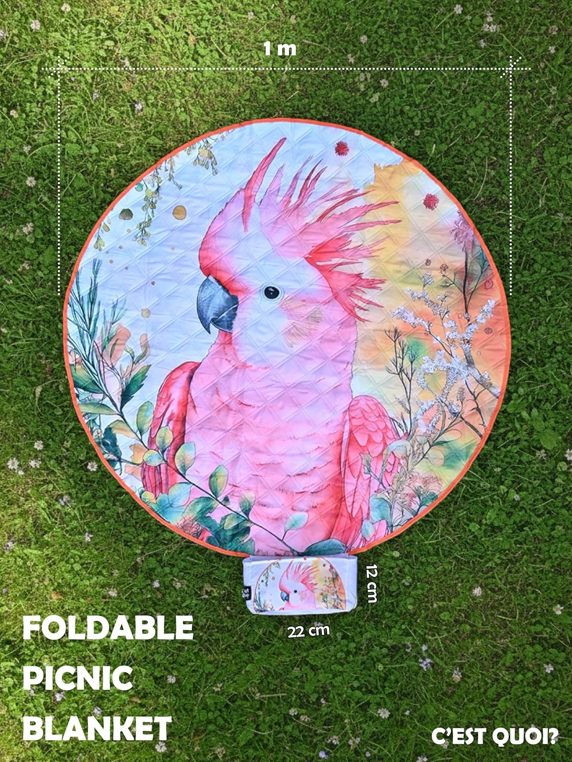 1M Outdoor Compact Picnic Blanket. Lightweight Foldable Waterproof Picnic Mat, Fun and Colourful. Designed in Sydney for Park, Beach, Camping, Courtyard, Music Festival (Pink Cockatoo) image number 3