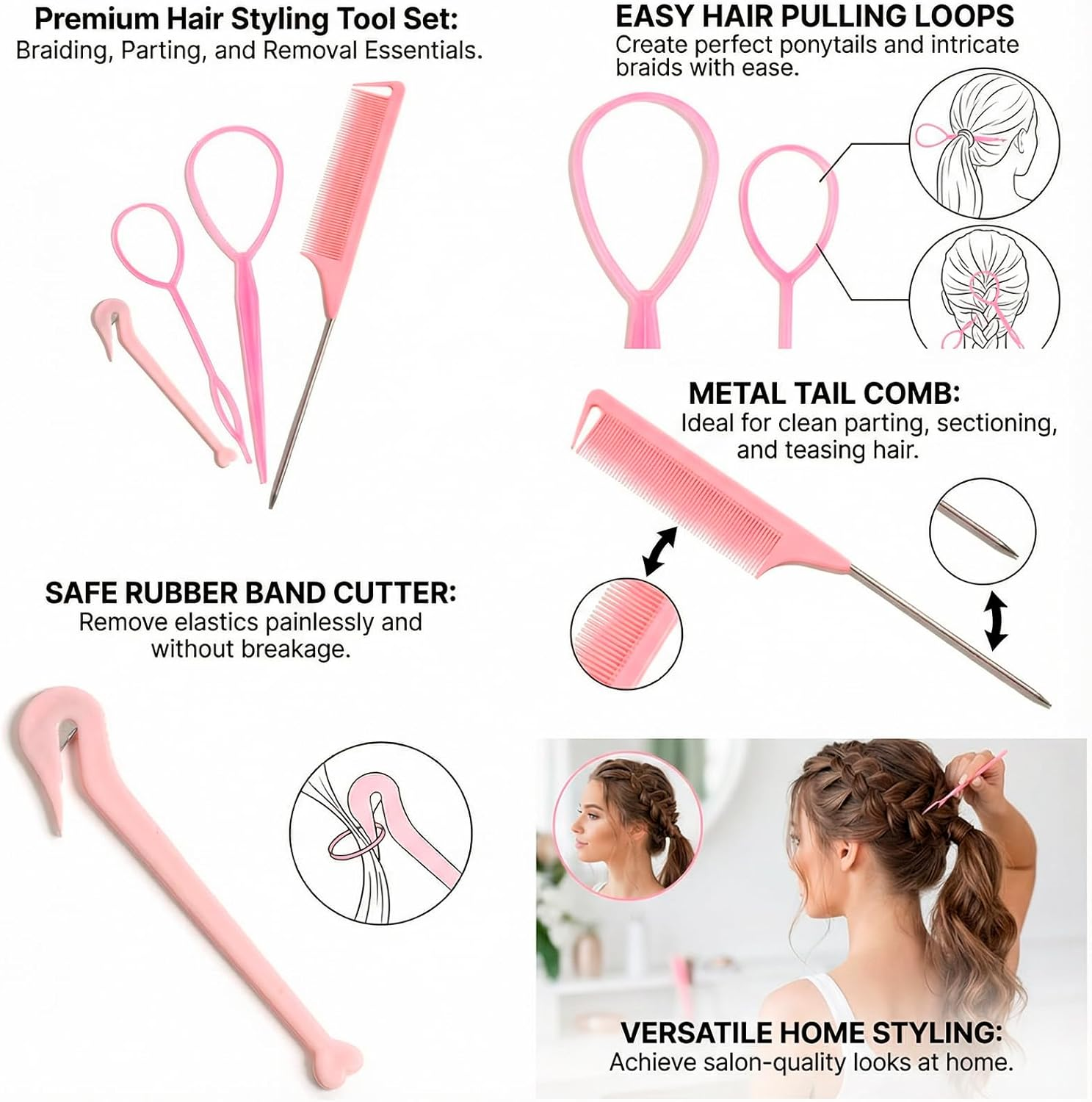 JANGJANG 4Pcs Hair Braiding Tool Kit Professional, Hair Styling Loop Ponytail Maker with French Braid Design, Hair Tail Tool Kit Includes Hook, Comb, and Accessories Ideal for Easy Styling