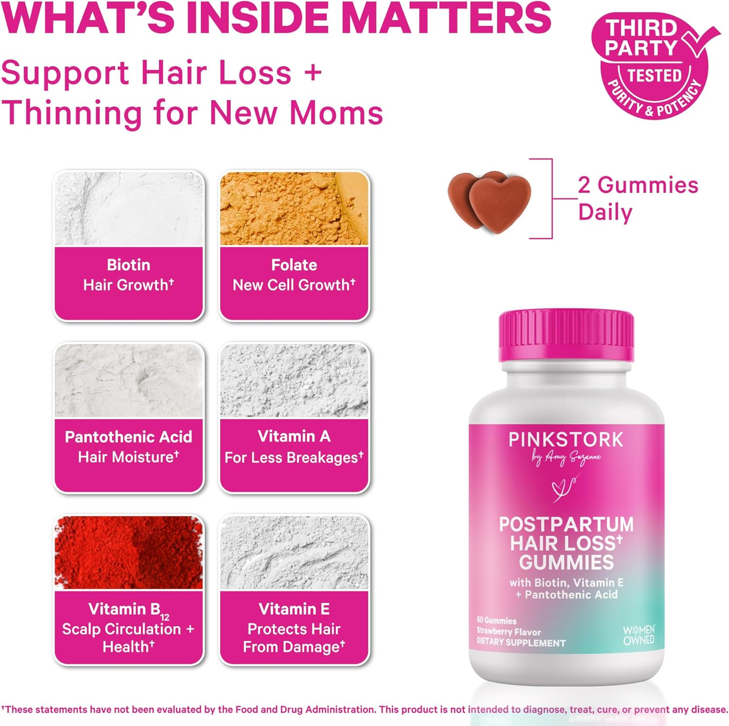 Pink Stork Postpartum Hair Loss Gummies: Hair Skin and Nails Vitamins, Postnatal Vitamins, Biotin for Hair Regrowth + Strengthening, Postpartum Essentials for Moms, Women-Owned, 60 Strawberry Gummies image number 6