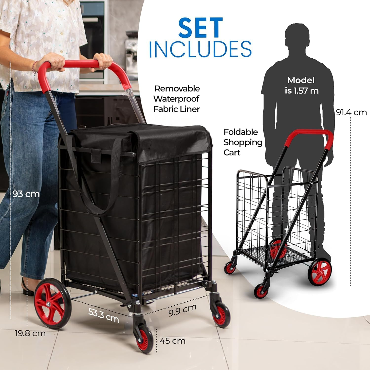 Serenelife Small Foldable Shopping Cart with Cart Liner - 17.72" X 21" X 36.6" Collapsible Grocery Cart with 70 Lbs. Capacity, Removable and Weatherproof Cart Liner, 360&deg; Swivel Wheels (Red)