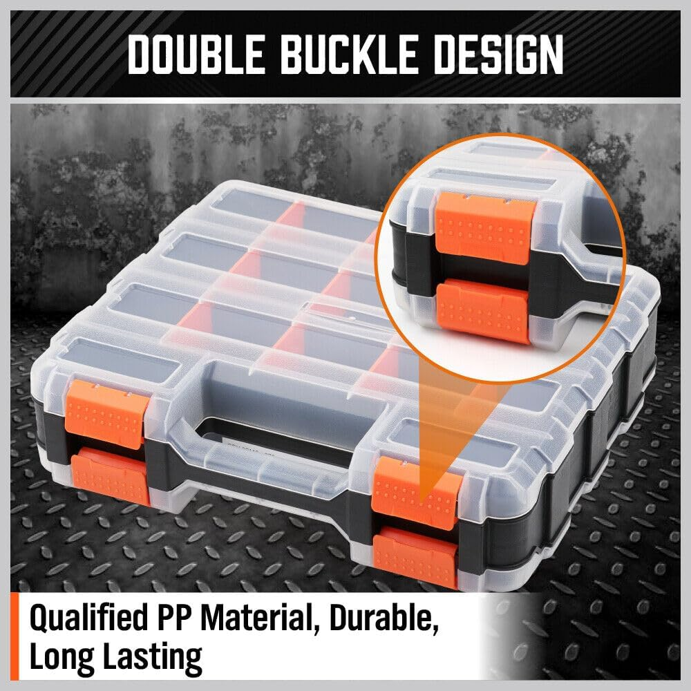 HORUSDY 34-Compartments Double Sided Organizer, Storage Box with Impact Resistant Polymer and Customized Removable Plastic Dividers, Storage and Carry Tool Box, Black/Orange image number 6