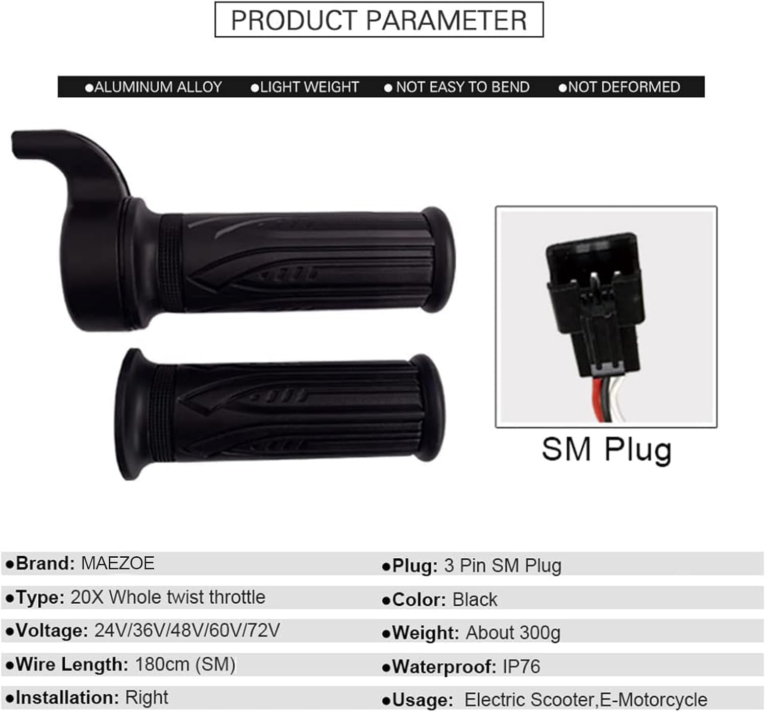 20X Full Twist Throttle for Ebike, Electric Bike Full Right Hand Grip Throttle, 3 PIN Sm/Waterproof Plug image number 5