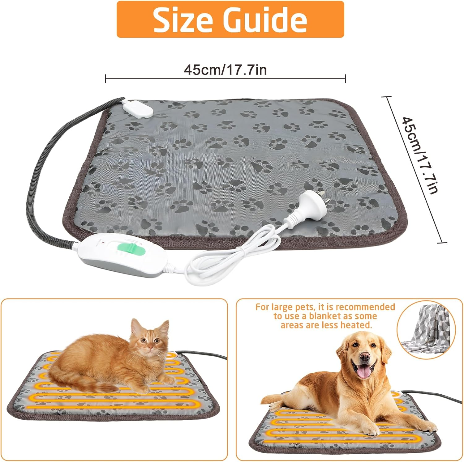 Joywoof Pet Heated Mat for Cats Cats and Dogs,Warming Puppy Heating Bed with Indicator and Switch,Waterproof Heated Animal Bed with Bite Resistant Cable 45X45Cm Gray image number 5