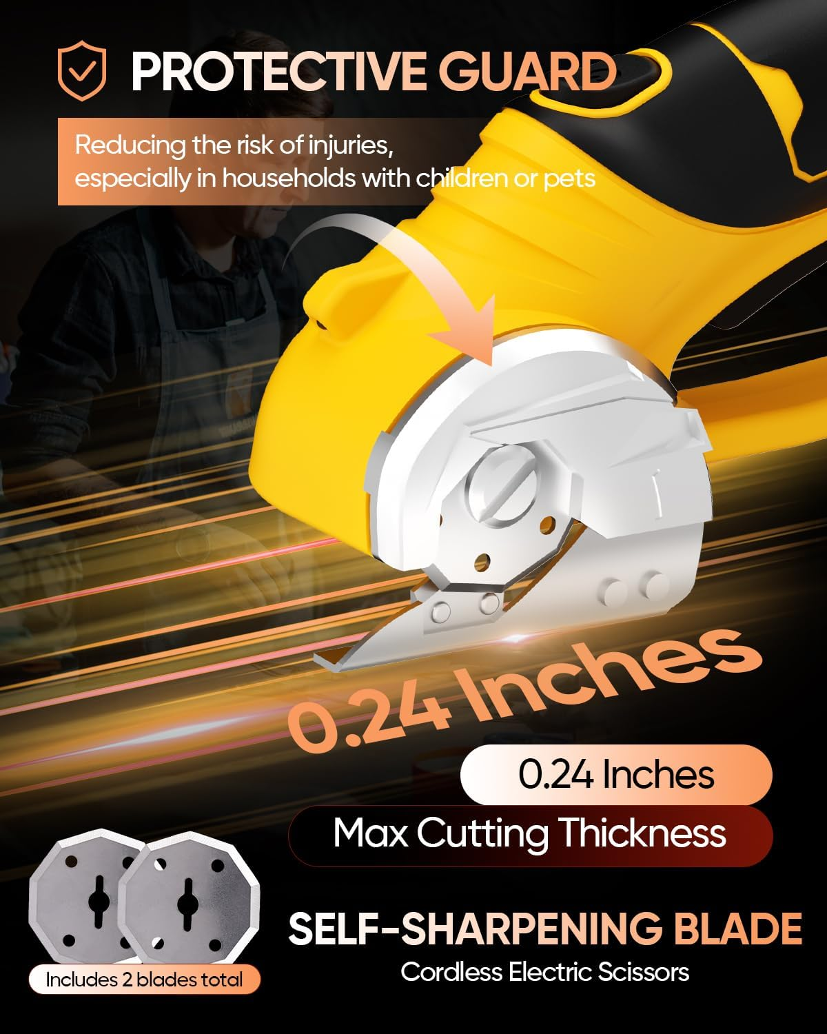 Cordless Electric Scissors, 4V Rechargeable Fabric Cutter with Safety Lock & Light, Heavy Duty Power Rotary Cutter for Leather, Carpet, Cardboard, Sewing & Crafting, 2 X Blades (Yellow) image number 2