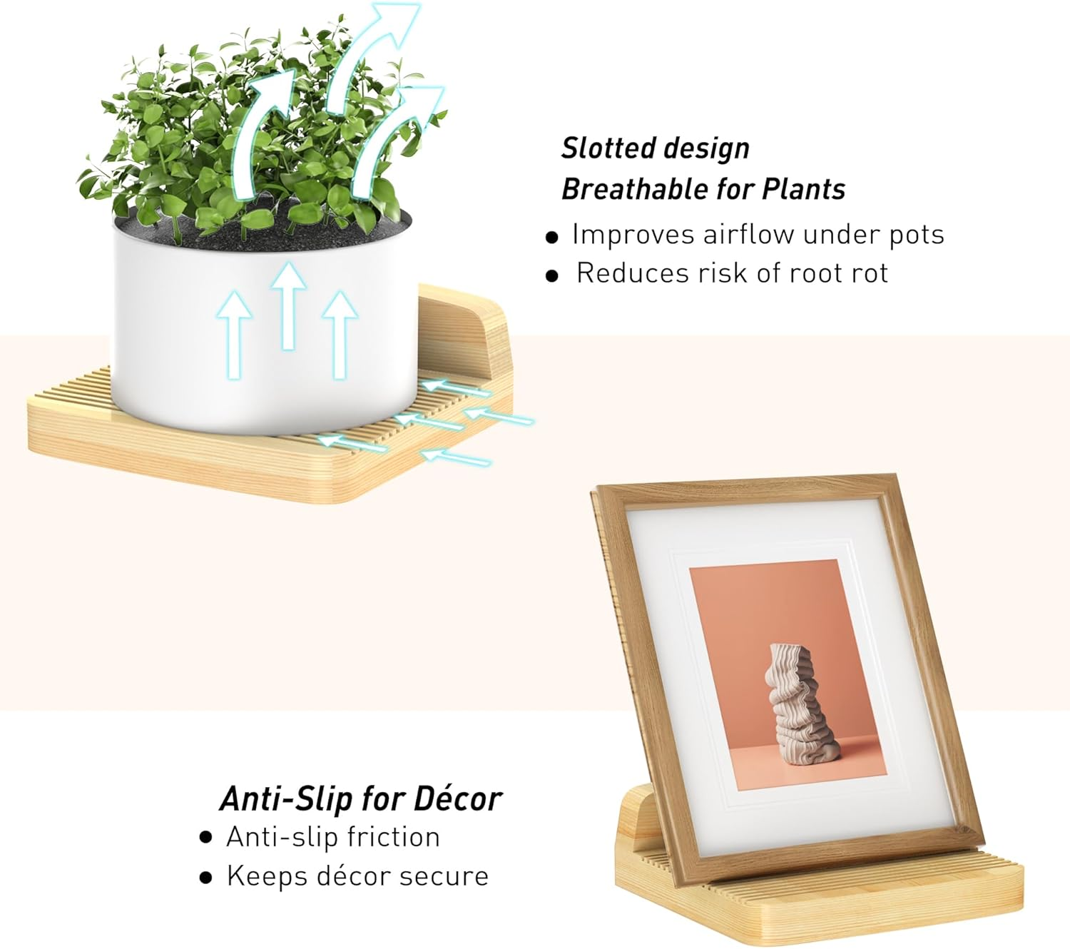 Floating Shelves for Wall. 6"X6" 2-Pack, Solid Wood with Slotted Surface for Breathable Anti-Slip, Rounded Corners, French Cleats, Easy Install for Bedroom, Living Room, Bathroom（Natural Pine） image number 6