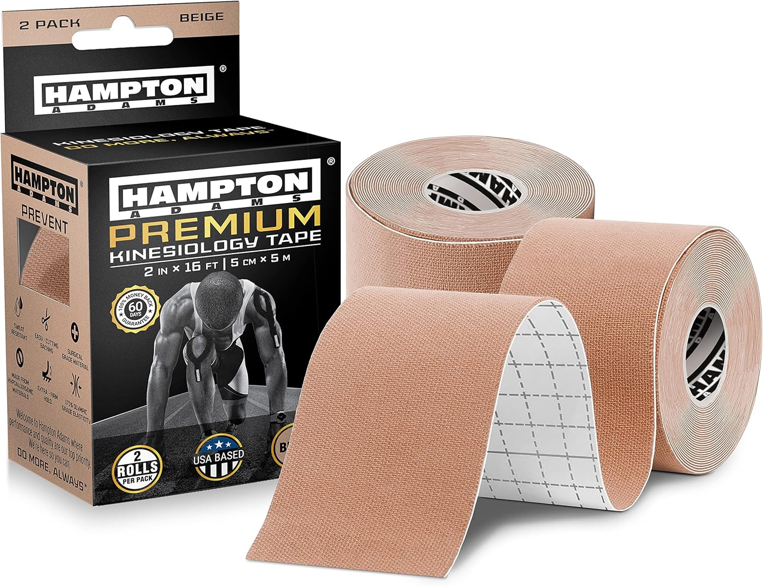 Hampton Adams (2 Pack) Premium Kinesiology Tape | Athletic Tape Supports & Protects Muscles, Knees, Shoulders & Plantar Fasciitis | Waterproof & Hypoallergenic | Beige Uncut Kinesio Tape image number 4