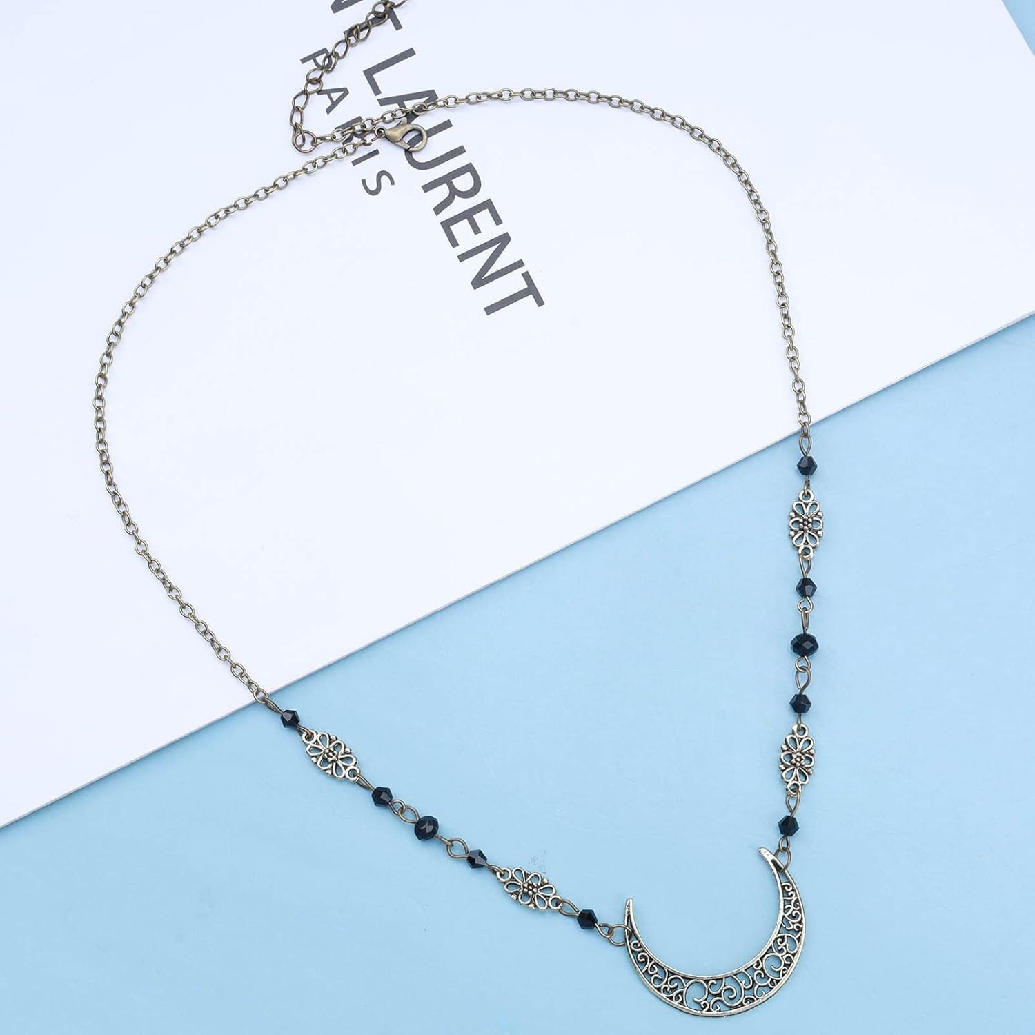 Yheakne Boho Crescent Moon Hair Chain Headband Black Crystal Head Chain Gothic Headband Hairpiece Gypsy Headband Tiara Festival Hair Accessories for Women and Girls image number 3