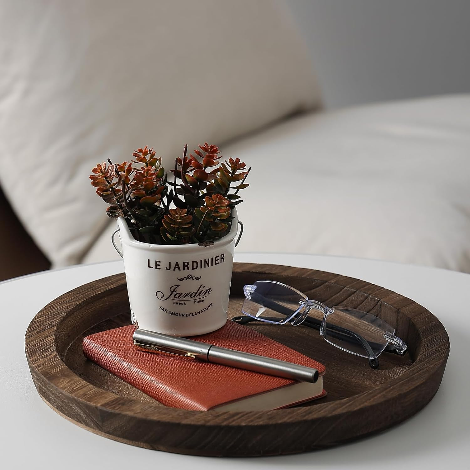 MOOKOMI Set of 2 Rustic round Wooden Tray - Bathroom Tray Countertop, Candle Tray, Table Centerpieces, and round Tray for Home D&eacute;cor (11.2") image number 4