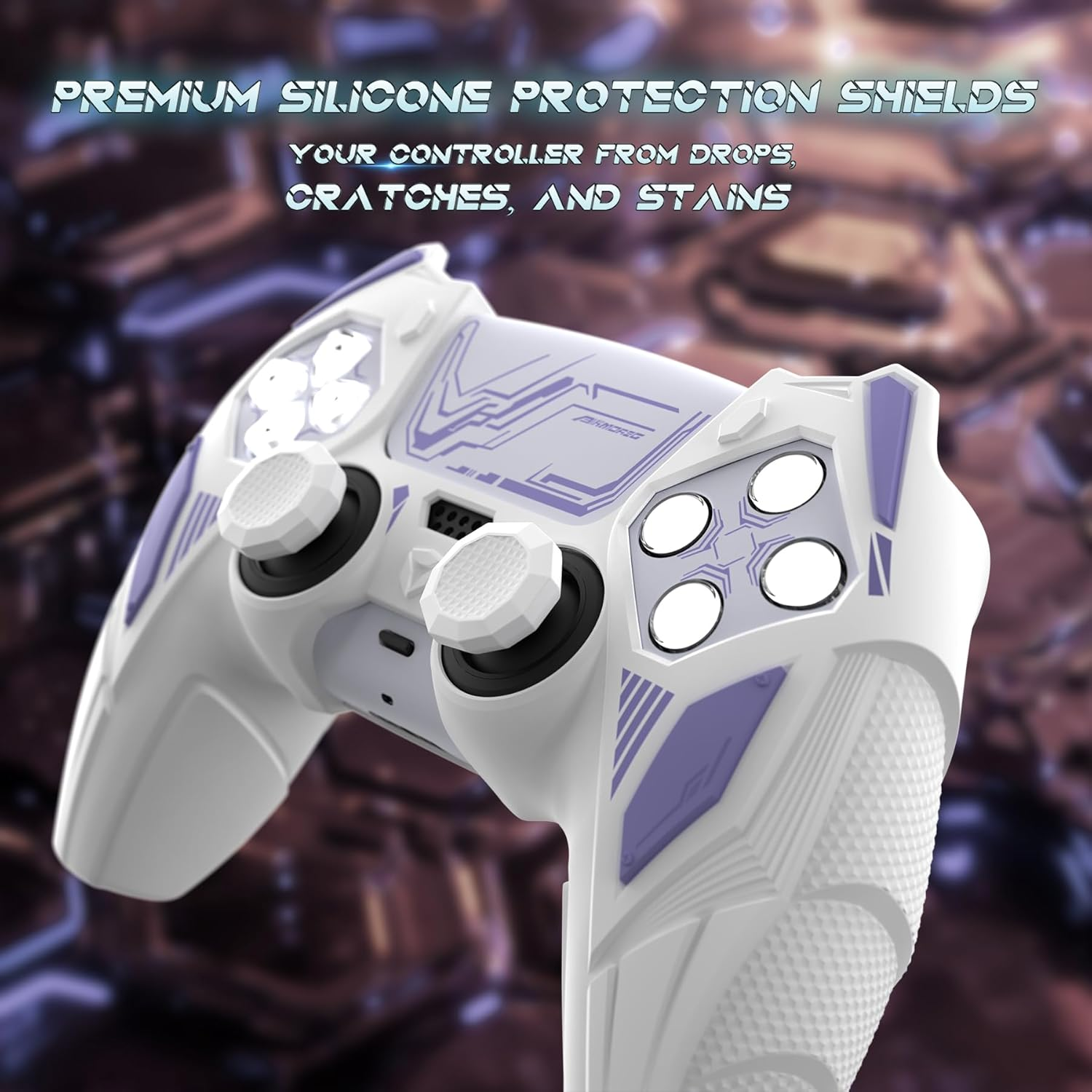 Playvital Mecha Rhino Silicone Cover for Ps5 Controller with Thumb Grips & Stickers, Anti-Slip Controller Grip Skin Accessories Compatible with Ps5 Charging Station - White & Light Violet image number 5
