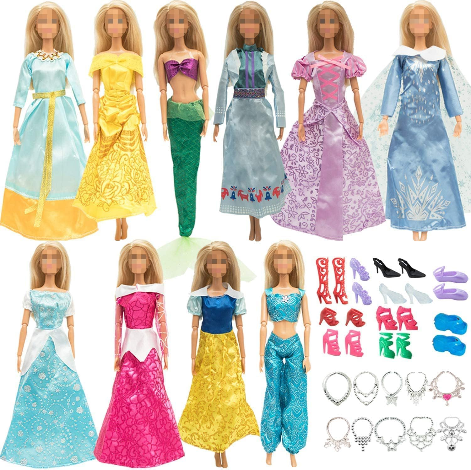 ONEST 30 Pieces Princess Clothes and Accessories for 11.5 Inch Girl Doll Include 10 Pieces Princess Dresses, 10 Pairs Shoes and 10 Pieces Necklaces - Litter Girls Gift image number 1