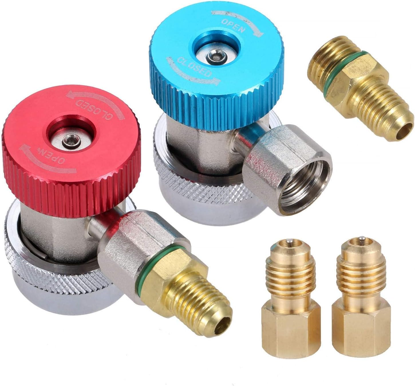Mtsooning R134A Adapter Fittings, Adjustable R134A High Low Quick Coupler Connector, AC Freon Manifold Gauge Hose Conversion Kit, 1/4 SAE HVAC with 1/4" Female 1/2 Male Brass Adapter