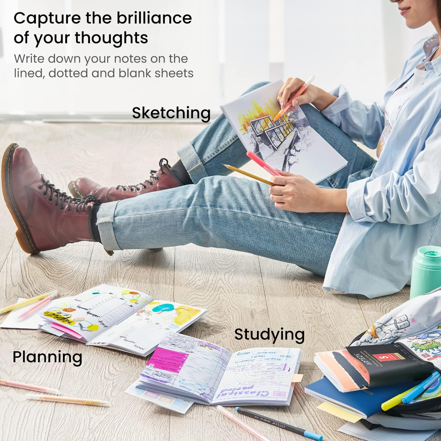 Arteza Pocket Notebooks, Set of 5, 5 X 8 Inches, 40 Sheets Each, Butterfly Designs, 2 Dotted, 2 Ruled, and 1 Blank Softcover Journal with Smooth Paper, Art Supplies for Writing and Sketching image number 2