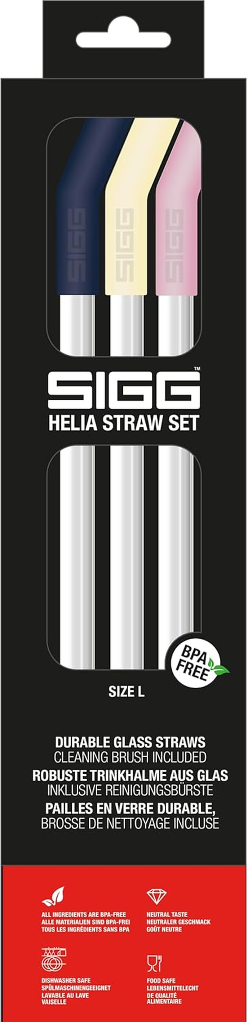 SIGG Helia Glass Drinking Straws Set (3 Pieces) Day, Reusable and Dishwasher Safe Glass Straws, Includes Cleaning Brush for Straws, Large
