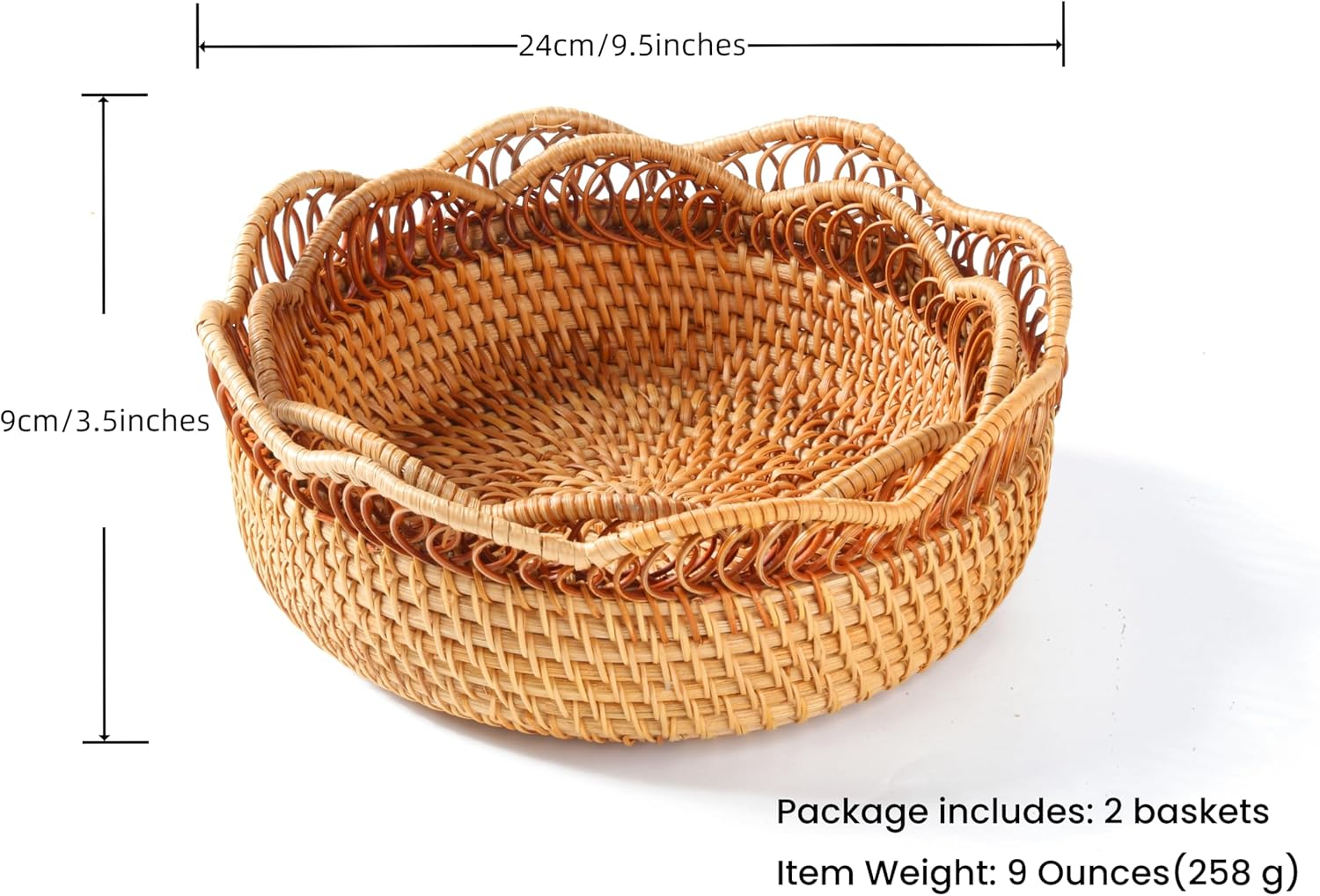 Rattan Bread Basket for Serving,Set of 2（8&rsquo;&rsquo;/9&rsquo;&rsquo;）Round Fruit Basket,Picnic Baskets,Natural Woven Serving Basket Bowls,Handmade Decorative Baskets for Kitchen Counter, Organizing, Storage, Home Decor image number 4