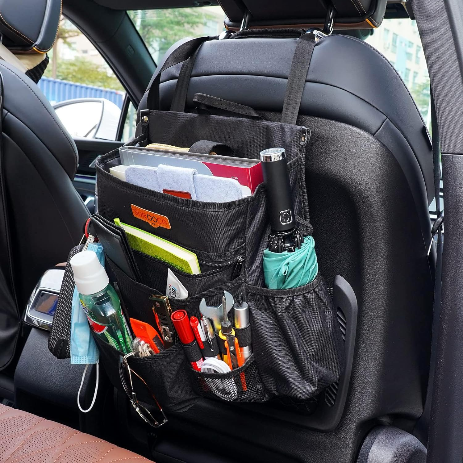 SURDOCA Car Front Seat Organizer, Car Seat File Organizer with Laptop Storage Stabilizing Side Straps Soft Adjustable Shoulder Strap, Office Passenger Seat Organizer Bag, Black image number 6