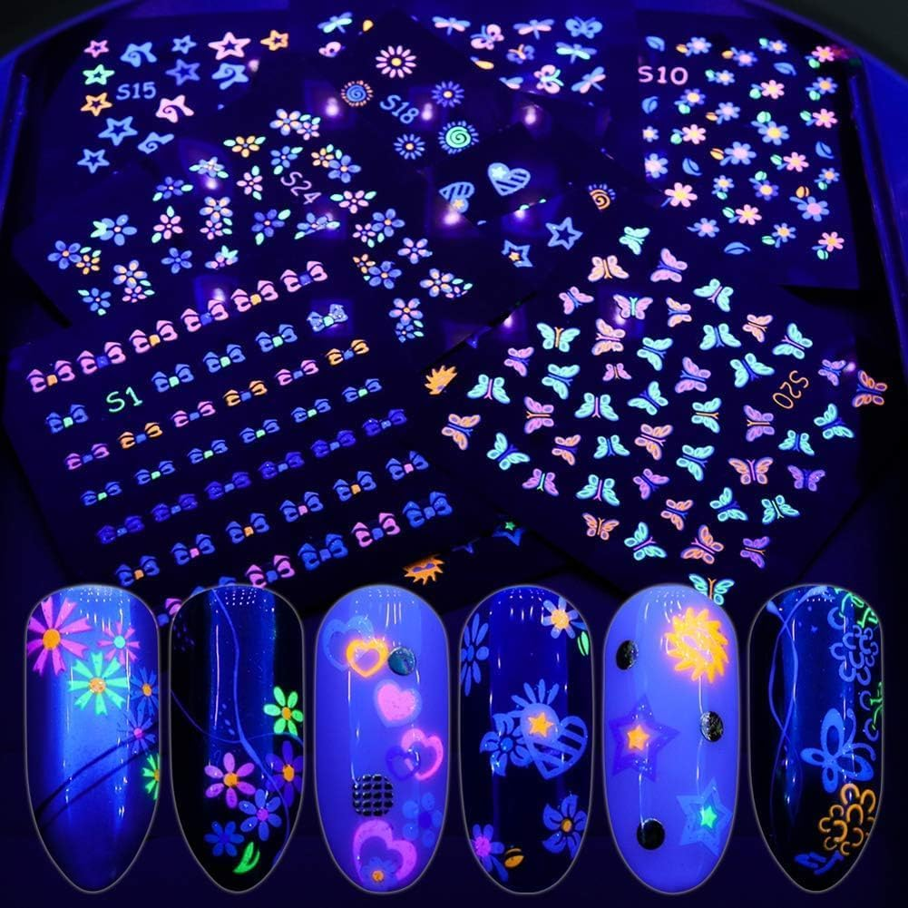 Kalolary 24Sheets Fluorescence Nail Art Stickers Decals 3D Self-Adhesive Butterfly Flower Love Fruits Pattern DIY Decoration Tools Accessories for Women image number 6