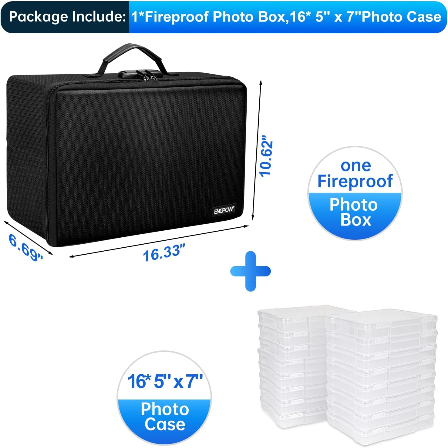 ENGPOW Fireproof Photo Storage Box 5" X 7" Photo Case(Clear),16 Inner Photo Keeper Photo Box Organizer with Lock,Collapsible Portable Photo Storage Container with Handle for Photos,Picture,Valuables