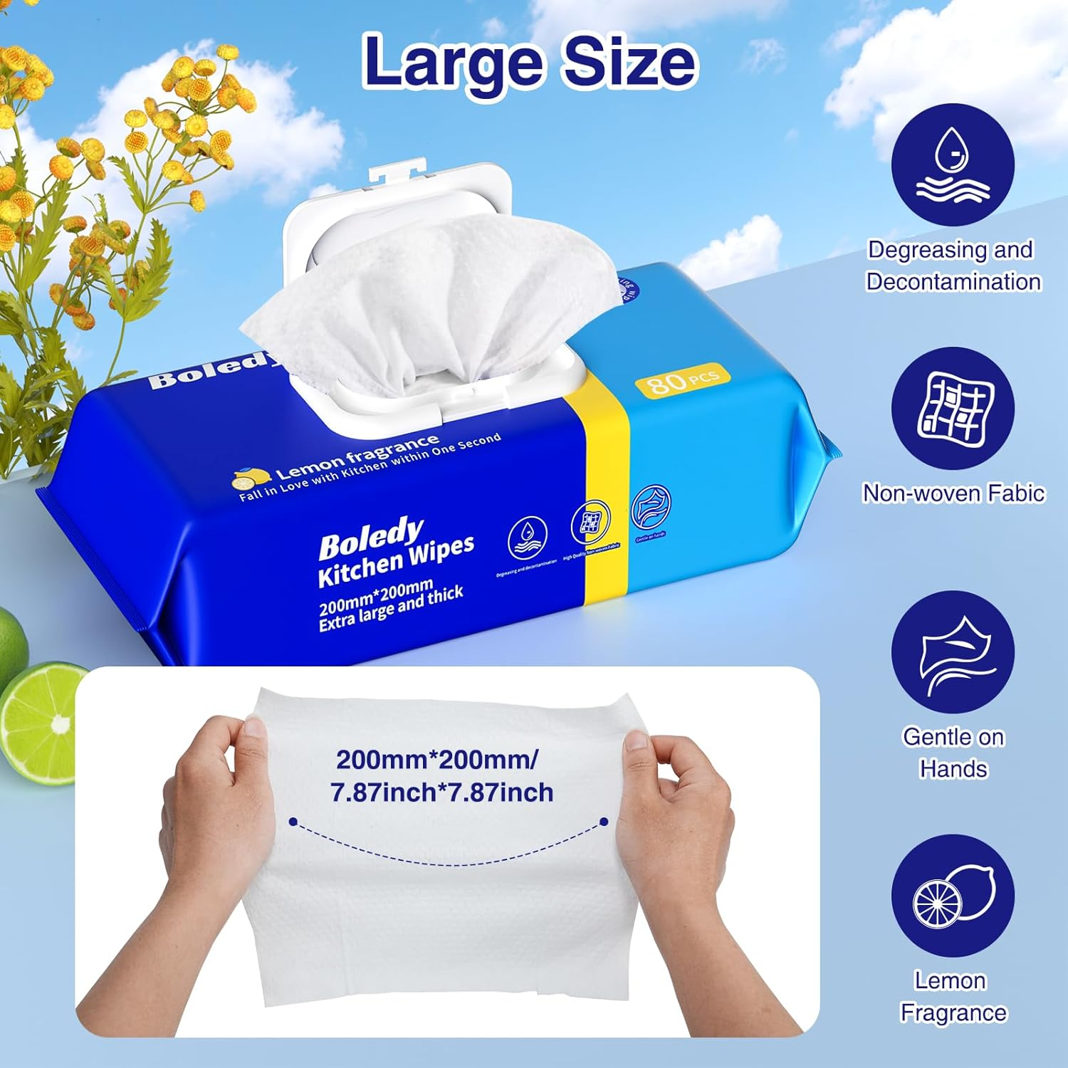 160 Count Extra Large Kitchen Wipes, Antibacterial Disinfectant Lemon Scent, Heavy-Duty Degreasing & Decontamination Multi Functional Household Cleaning, Non Woven Fabric(Pack of 2)