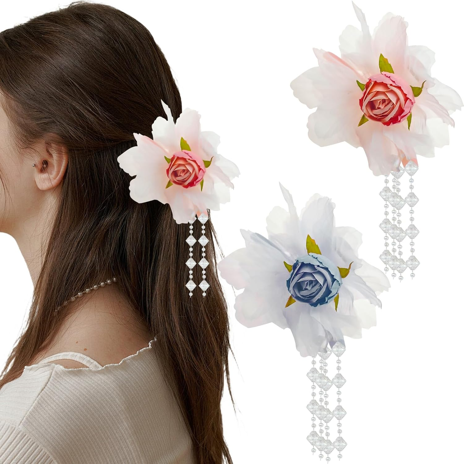 2 PACK Flower Tassels Hair Clips, Medium Flower Clips for Thick Thin Hair, Beautiful Girls Flower Hair Claw Clips Non Slip Hair Accessories for Women Girls image number 4