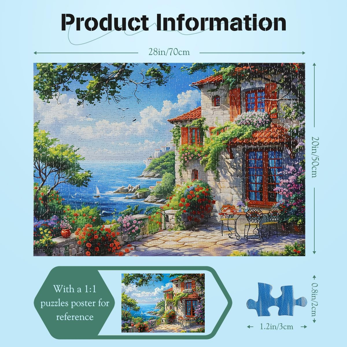 MISITU 1000 Pieces Jigsaw Puzzles for Adults Seaside Beach Impossible Hard Difficult Challenging Teens Jigsaw Puzzle 70 X 50 Cm with Reference Poster