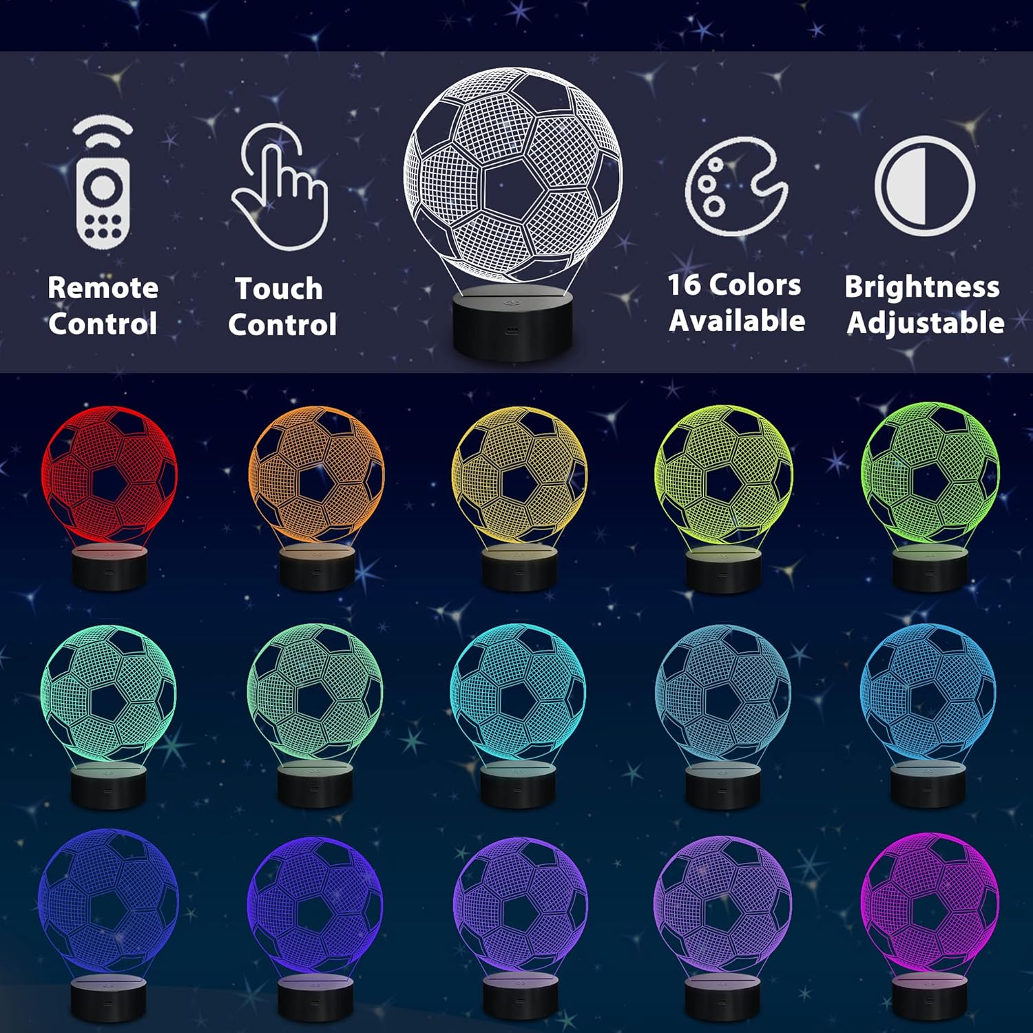 Lampeez Soccer Night Lights for Kids, 3D Illusion Football Lights 16 LED Remote Color Changing Touch Table Desk Lamps Decor, Birthday Xmas Gifts Sports Theme Fans image number 5