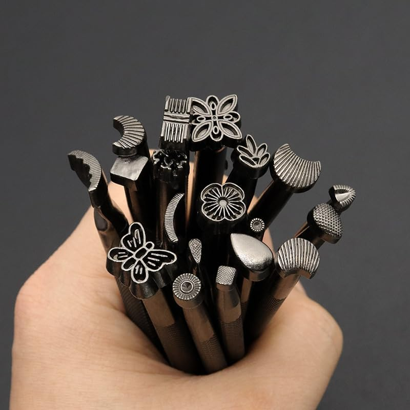 Leather Stamps Tool Set, 20 Piece Stamp Punch Kit for Carving Leather Craft DIY, Various Shapes
