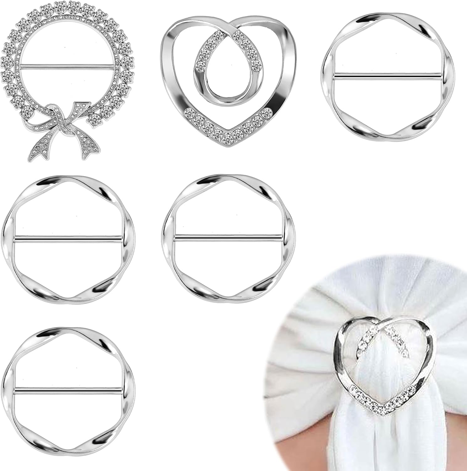 6PCS Silk Scarf Ring Silver Zinc Alloy T-Shirt Tie Clips, Elegant Scarves Waist Cinchers Clasps Rhinestone Clothing Wrap Holder, round Shirt Clips Tightener for Women Loose Tshirt Clothes Scarf