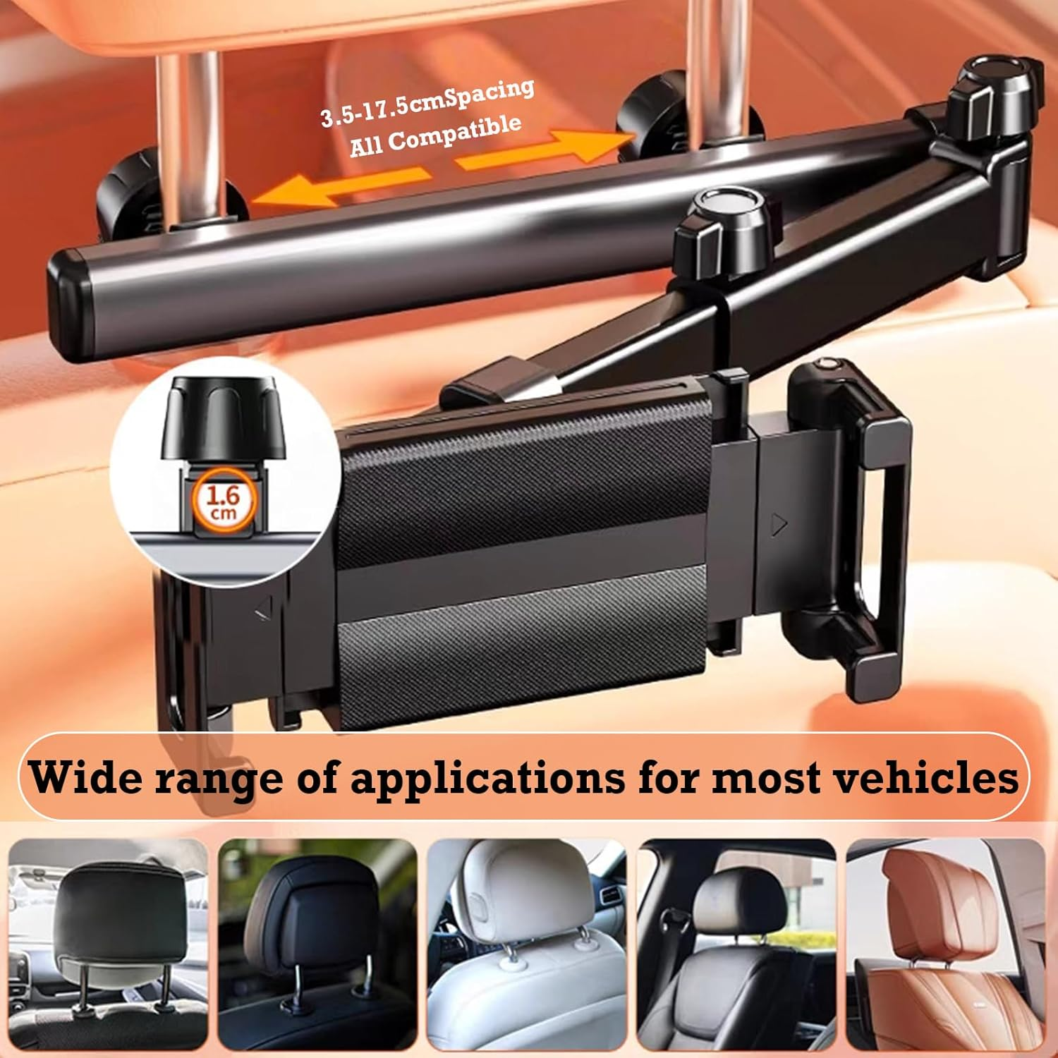 Car Headrest Tablet Holder, 3 In1 Stretchable Ipad Iphone Mount for Car Backseat, Universal 360&deg; Rotating Car Back Seat Stand Cradle Compatible (2-Fold) image number 4