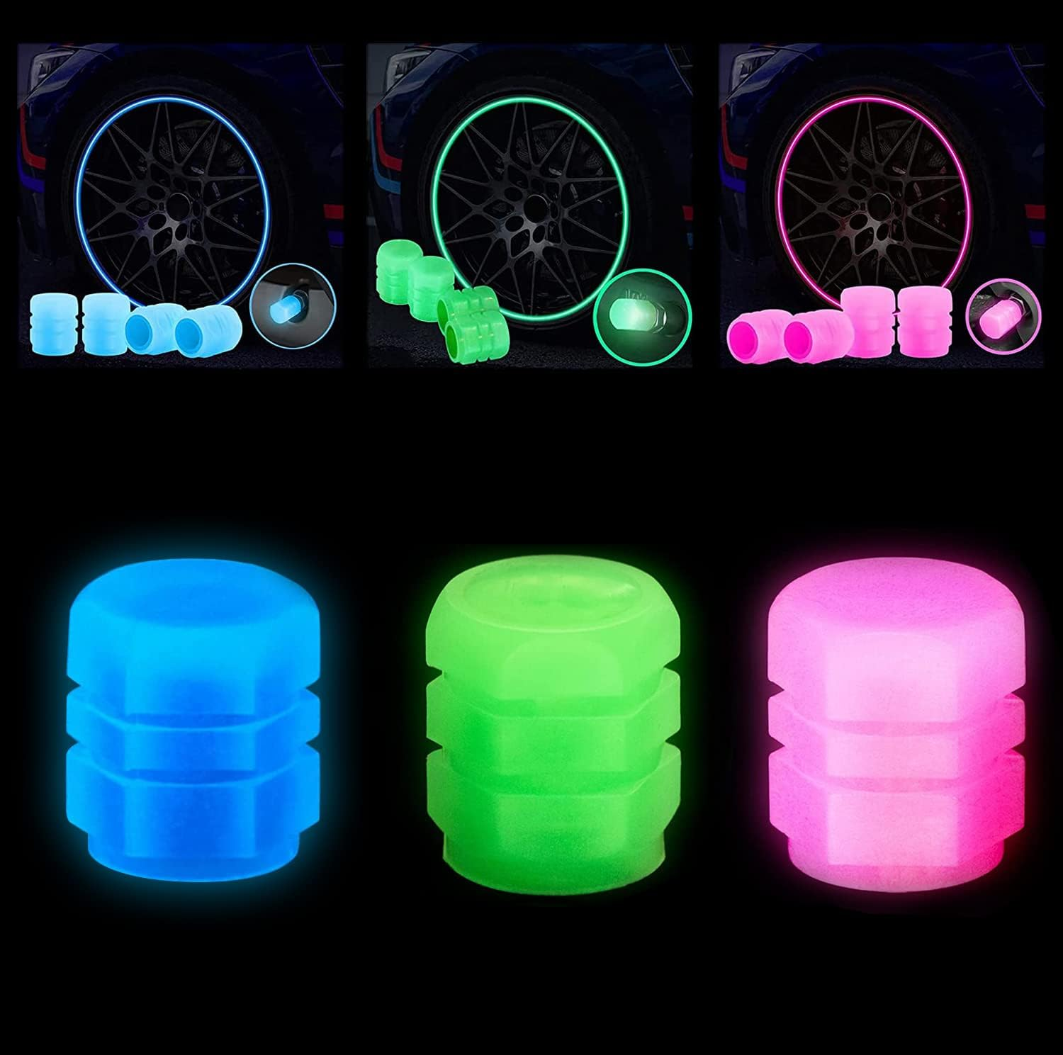 Dust Caps for Car Tyres, 12 PCS Universal Fluorescent Tire Valve Caps, Glow in the Dark Tyre Dust Caps for General Cars Truck Suvs Motorcycles Bike Wheel image number 2