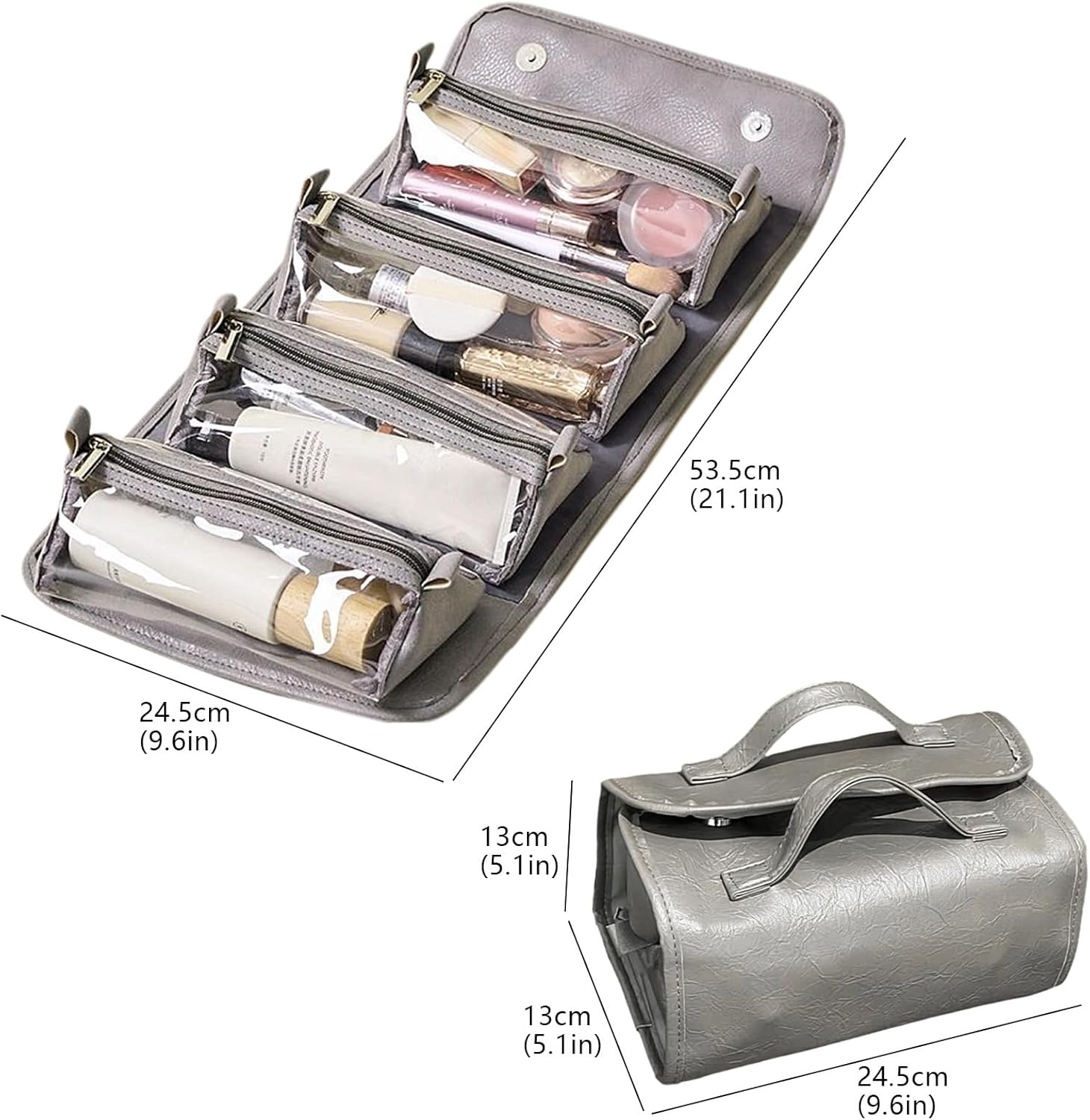 Zaciea Portable Travel Makeup Bag for Women, Foldable Cosmetic Toiletry Bag with Detachable Inner Pockets (Gray)