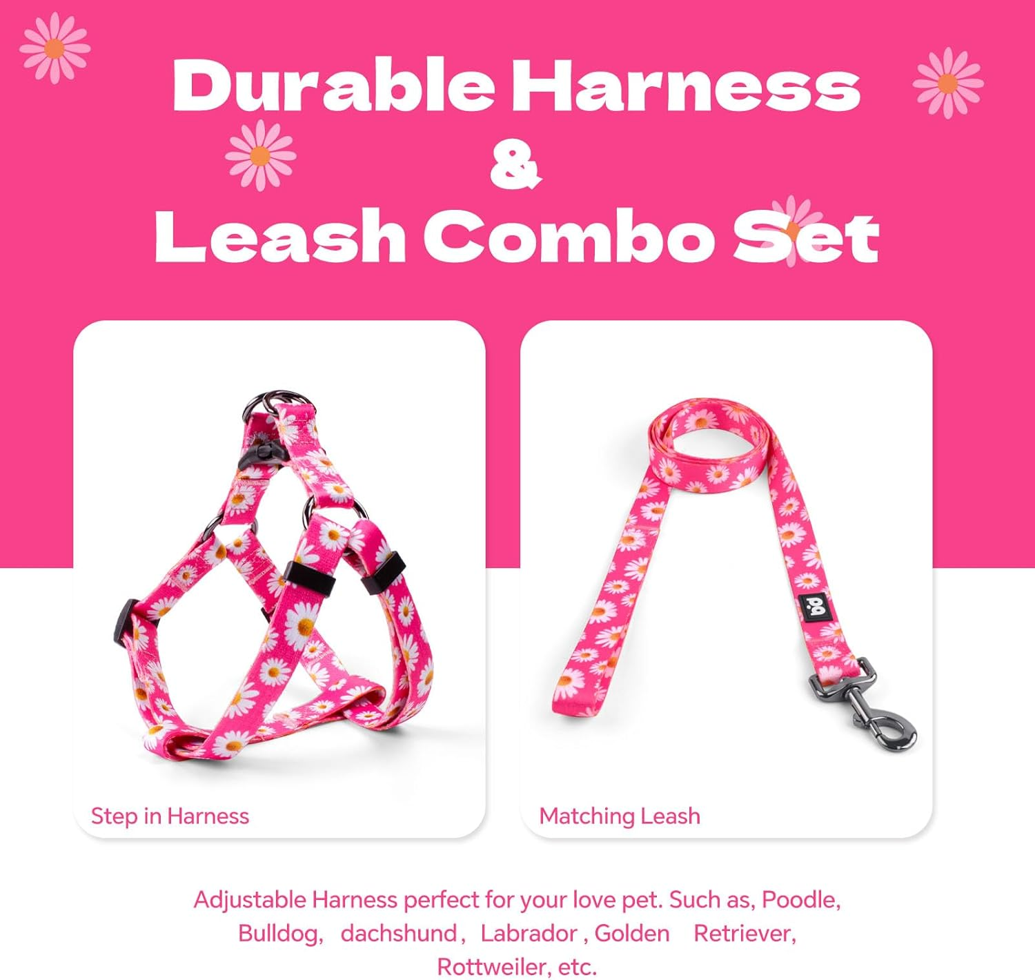 QQPETS Dog Harness Leash Set Adjustable Heavy Duty No Pull Halter Harnesses for Small Medium Large Breed Dogs Back Clip Anti-Twist Perfect for Walking (S(14"-20" Chest Girth), Daisy) image number 6