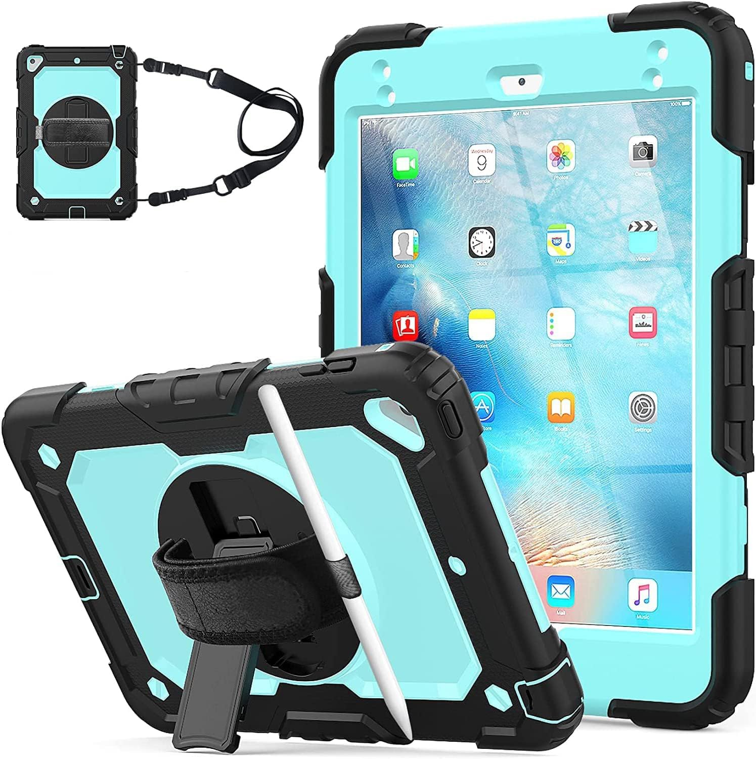Herize Ipad 10.2 Case,Ipad 9Th/8Th/7Th Generation Cases 2021 2020 with Screen Protector, Heavy Duty Hard Durable Shockproof Protective Case Cover with Stand,Hand Strap,Shoulder Strap for Kids,Skyblue
