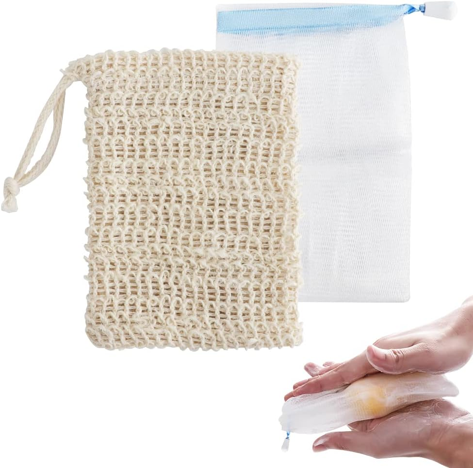 2Pcs Exfoliating Mesh Soap Saver Pouch Bag Sack, FHDUSRYO Handmade Soap Bubble Mesh Bags with Drawstring, Soap Bubble Mesh Net Bags for Face Washing, Body Cleansing image number 5
