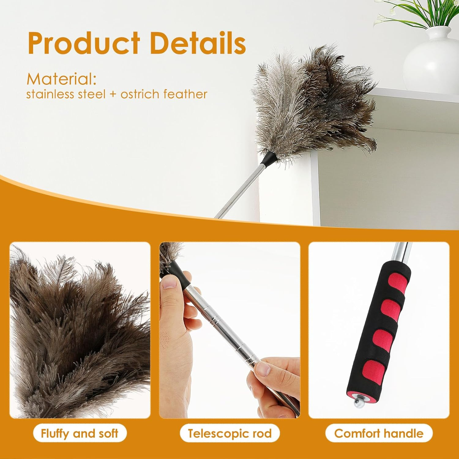 Extendable Feather Duster with Long Handle, Efficient Feather Cleaner Fluffy Ostrich Duster Tool for Cleaning Ceiling Fan Blinds Furniture image number 3