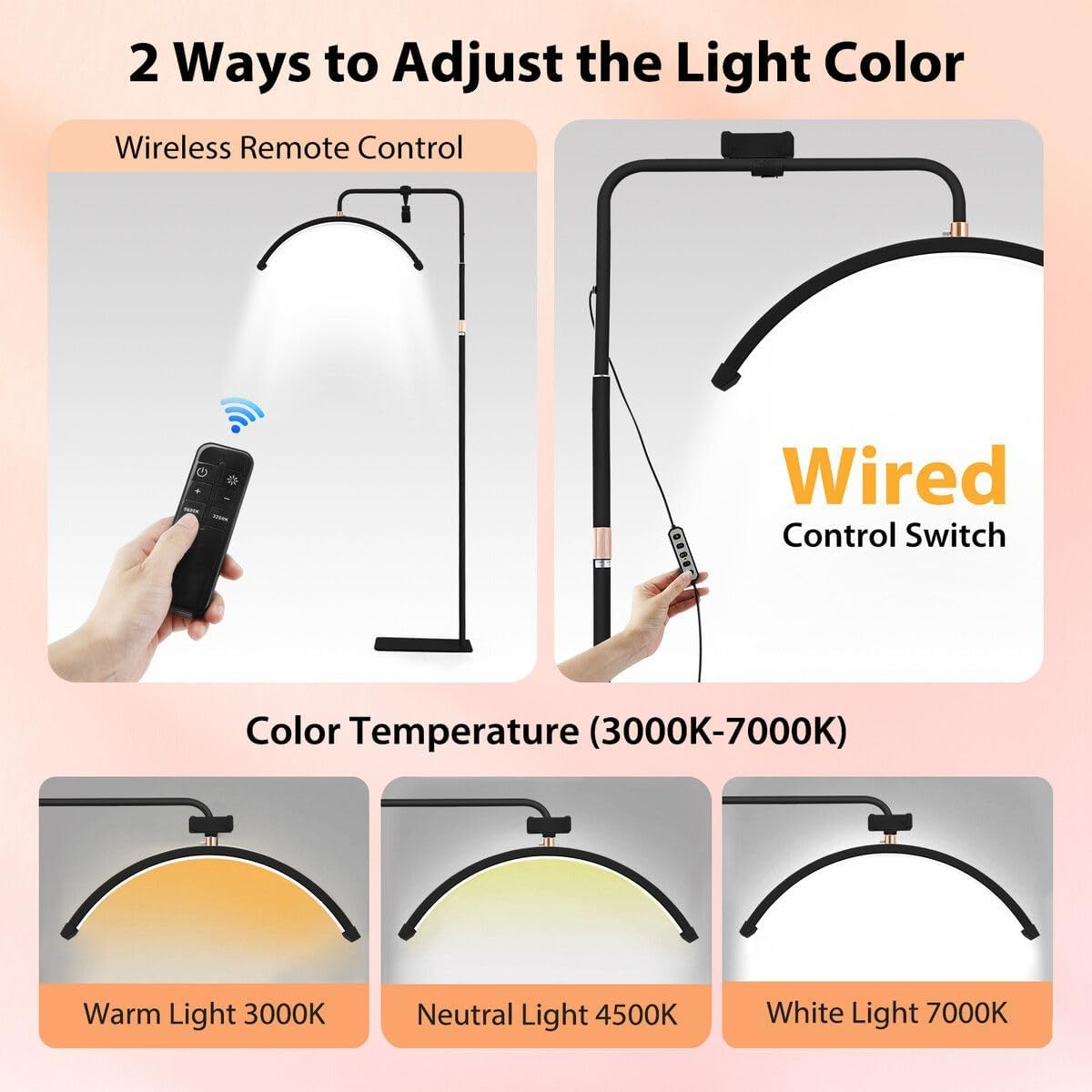 AUSWAY LED Beauty Floor Lamp Fill Light Half Moon for Lash Extensions Salon Tattoo Eyelash Spa Facial Nail Skincare Makeup Tool Adjustable Brightness with Remote