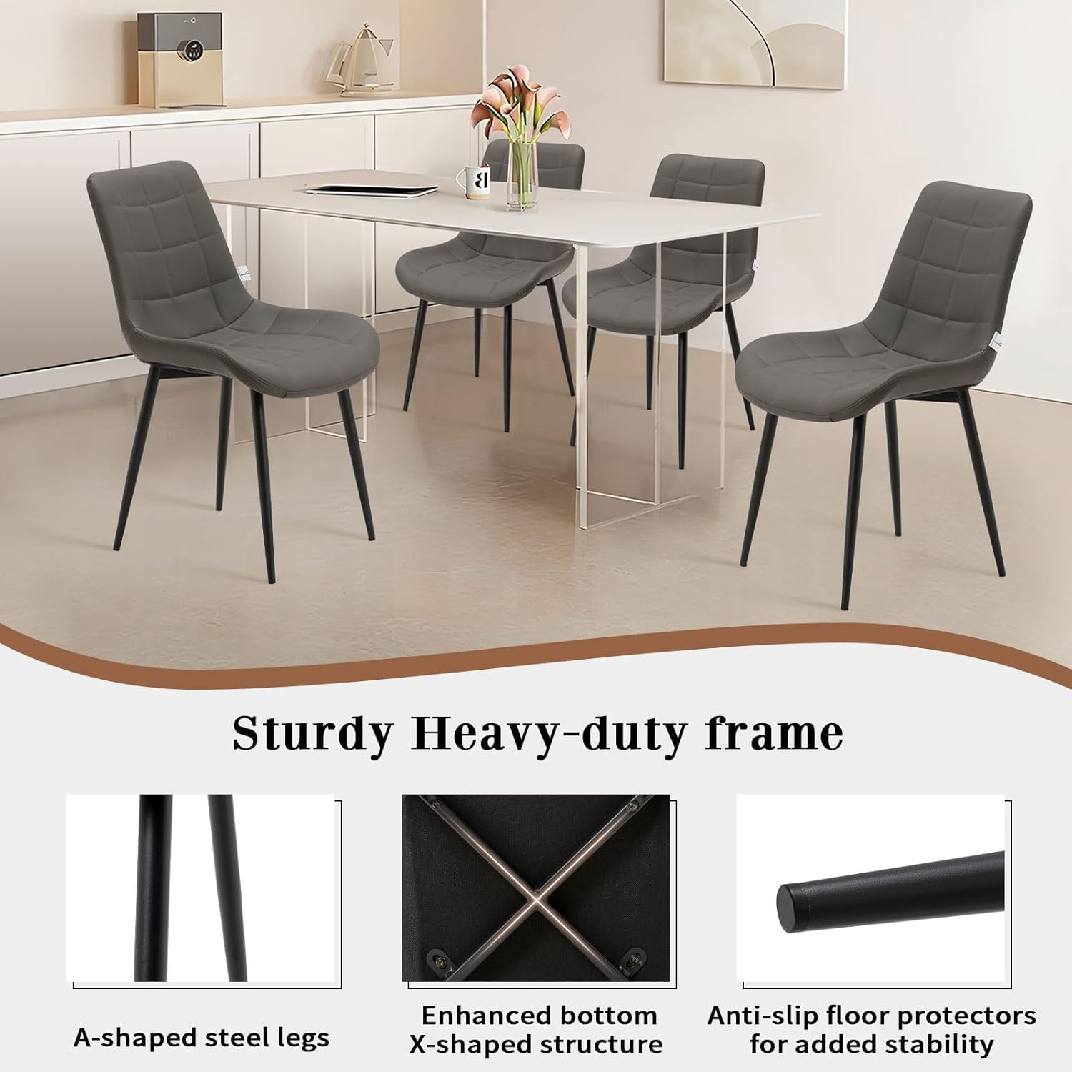 Contemporary Dining Chair Set of 4, Grey, Ergonomic, Sturdy Base, Metal Frame, Polyurethane Upholstery, Perfect for Dining Rooms - Pu-Grey image number 1