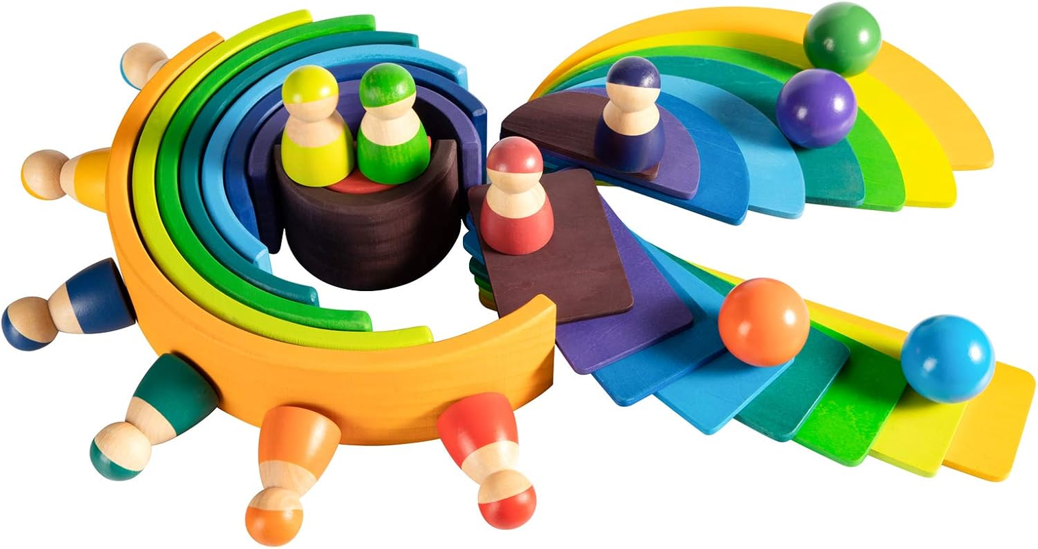 Wooden Rainbow Rectangle Stacker Toys, Building Blocks Board Set for Kids, 11Pcs Stacking Puzzle, Learning Creative Thinking Toys Merryheart-2231 image number 3